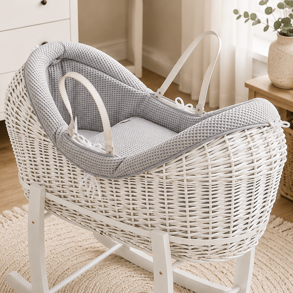 For Your Little One Grey Waffle Moses Basket Bedding Set 2 piece showing the dimple waffle outer bedding and top quilt in soft grey in a Moses basket