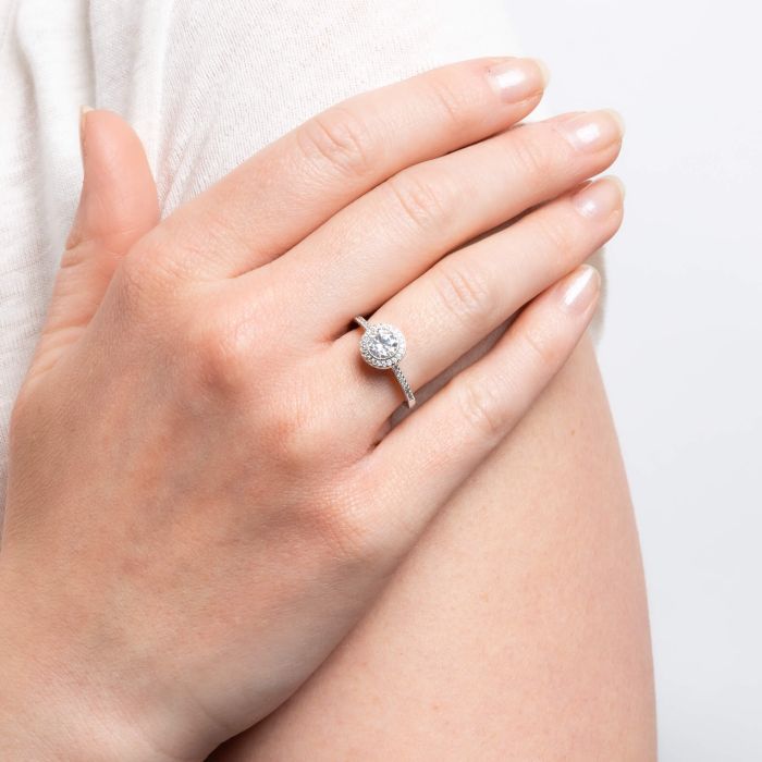 Diamonfire Round Cluster Ring worn on hand — Sterling Silver Zirconia Jewellery by Gecko