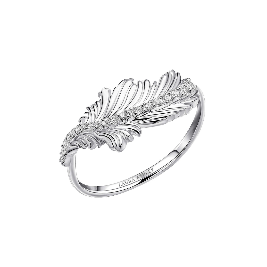 Gecko Jewellery Plume Feather Ring in recycled silver with zirconia – elegant nature-inspired sterling silver ring featuring a delicate feather design with sparkling stones