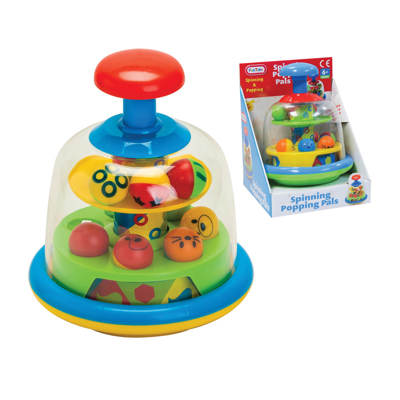 Spinning Popping Pals toy — brightly coloured plunger mechanism with spinning and popping balls inside, designed for toddlers and young children