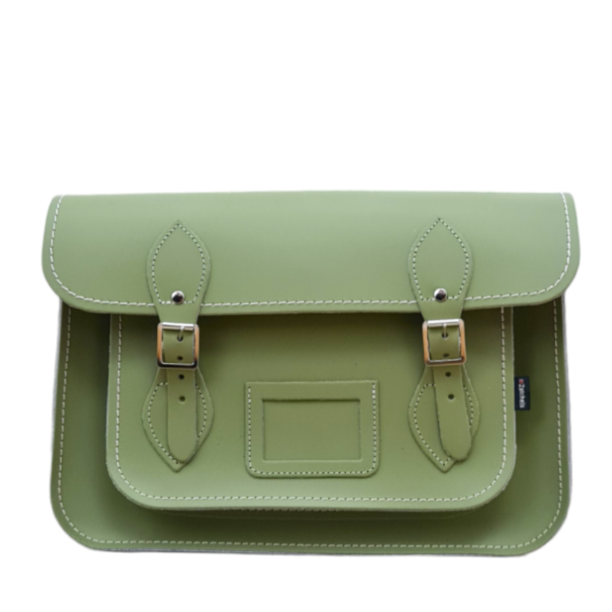 Front view of the Zatchels Handmade Leather Satchel in Sage Green showing the classic structured satchel silhouette, silver nickel buckles and matching sage green cable stitching
