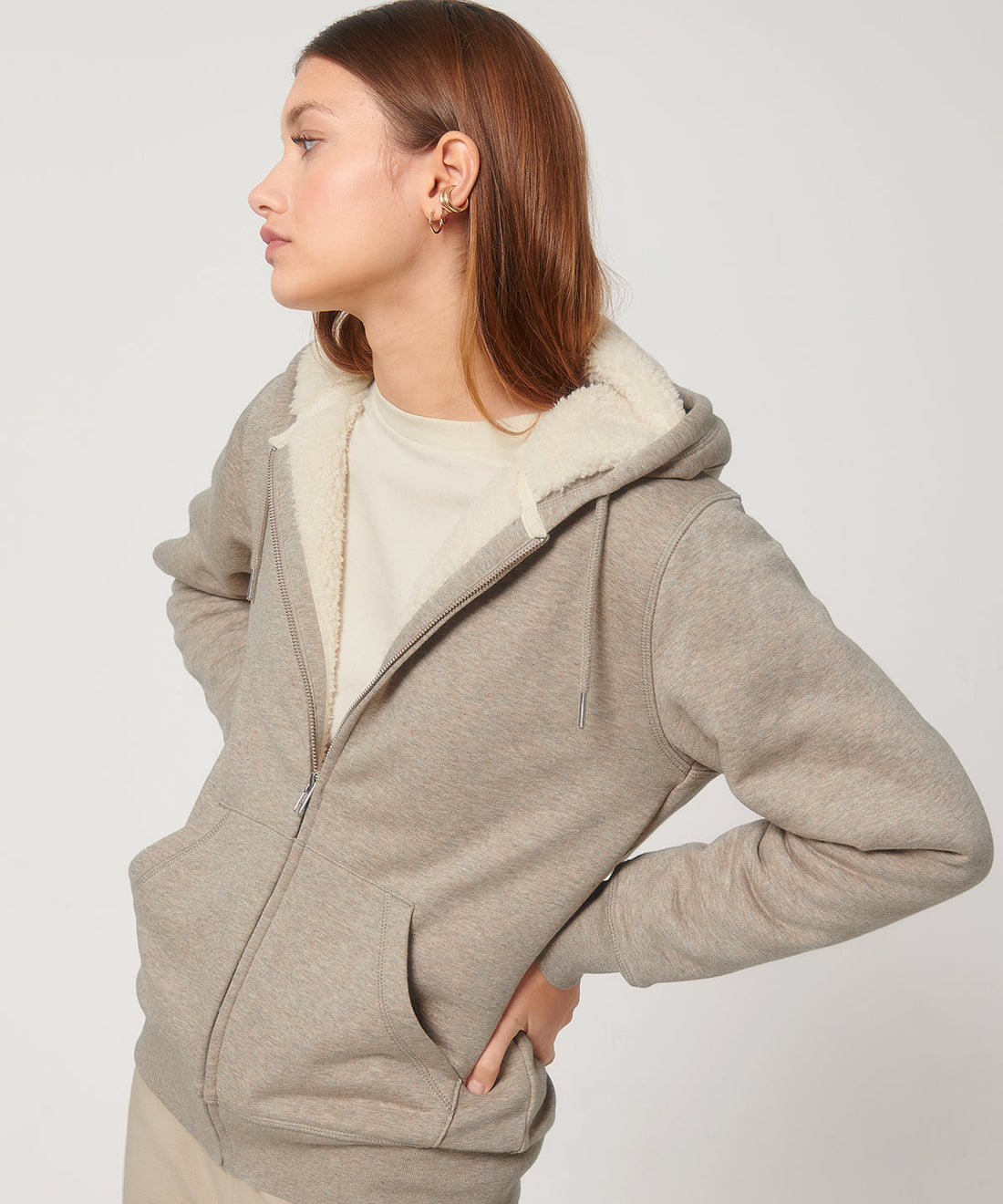 Organic Sherpa Zipped Hooded Sweatshirt in heather grey – unisex fit, full zip, sherpa lining, organic cotton outer shell