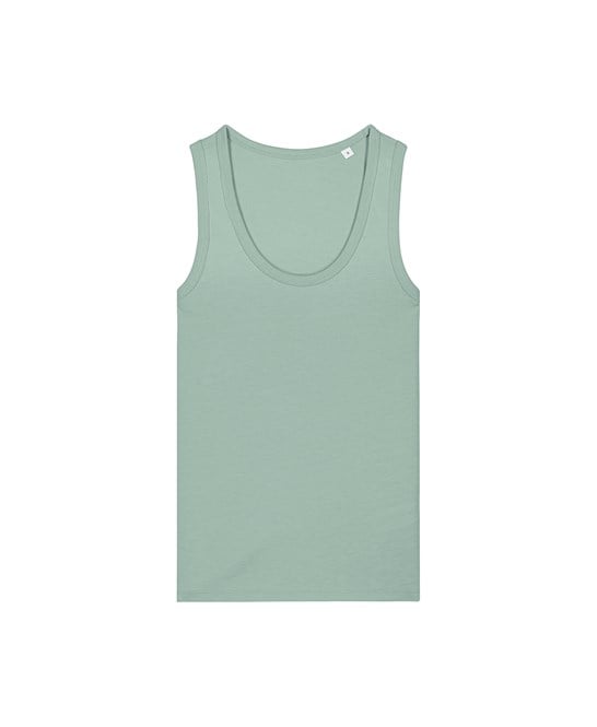Organic Colours Tank Top Womens in Aloe green – 100% organic cotton vest shown as a front-facing product shot on a model