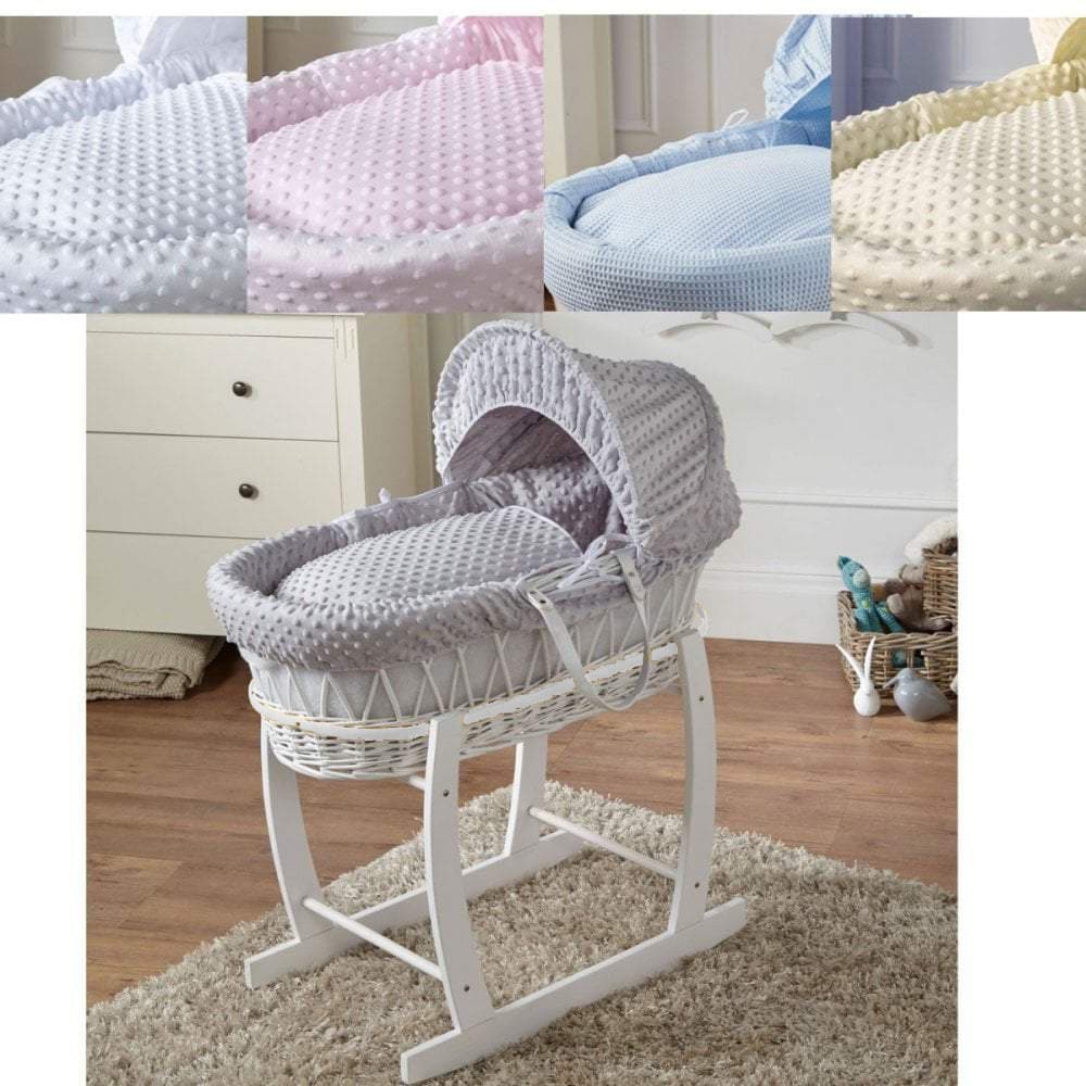 For Your Little One Wicker Baby Moses Basket with Wooden Stand — complete set shown in a nursery with padded mattress, quilted liner and coverlet