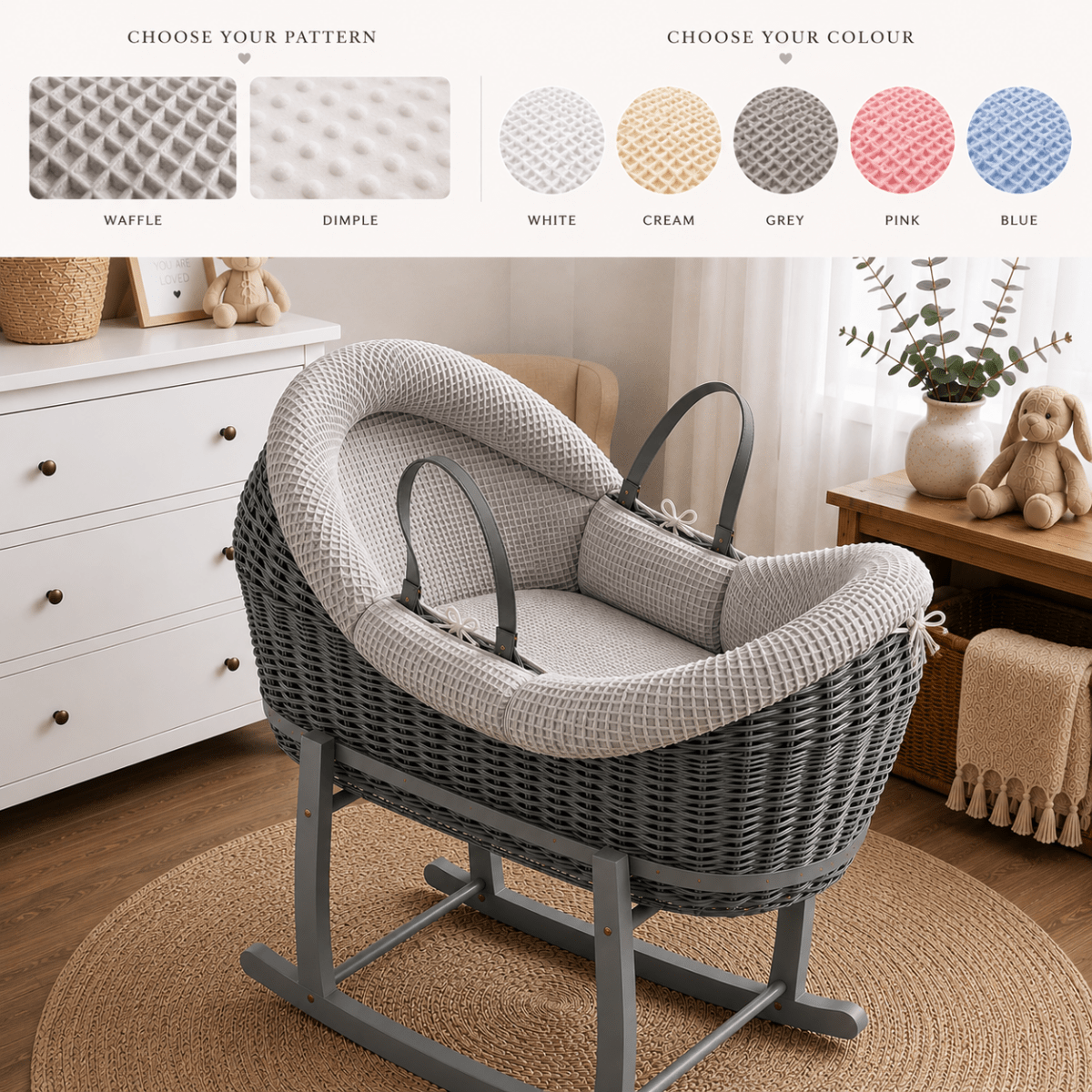 For Your Little One Wicker Deluxe Pod Moses Basket with Rocking Stand in a calm nursery setting with soft natural light