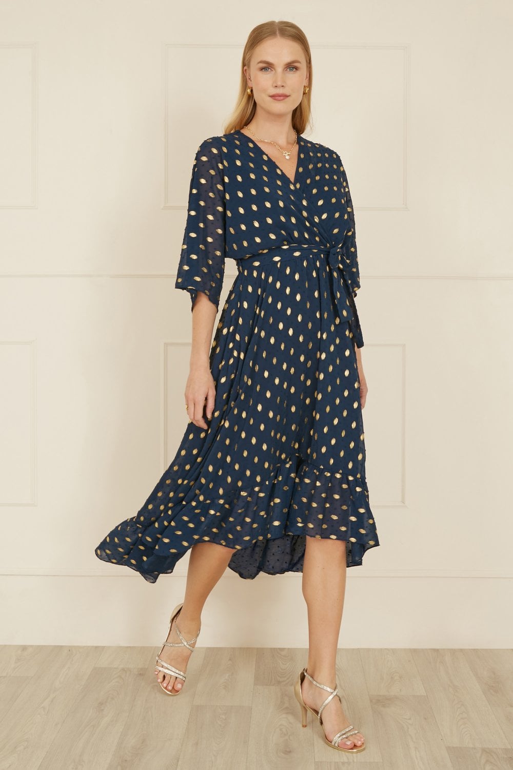 Yumi Navy Foil Print Wrap Over Dip Hem Midi Dress — glamorous occasion midi dress with sheer kimono sleeves and floaty dip hemline