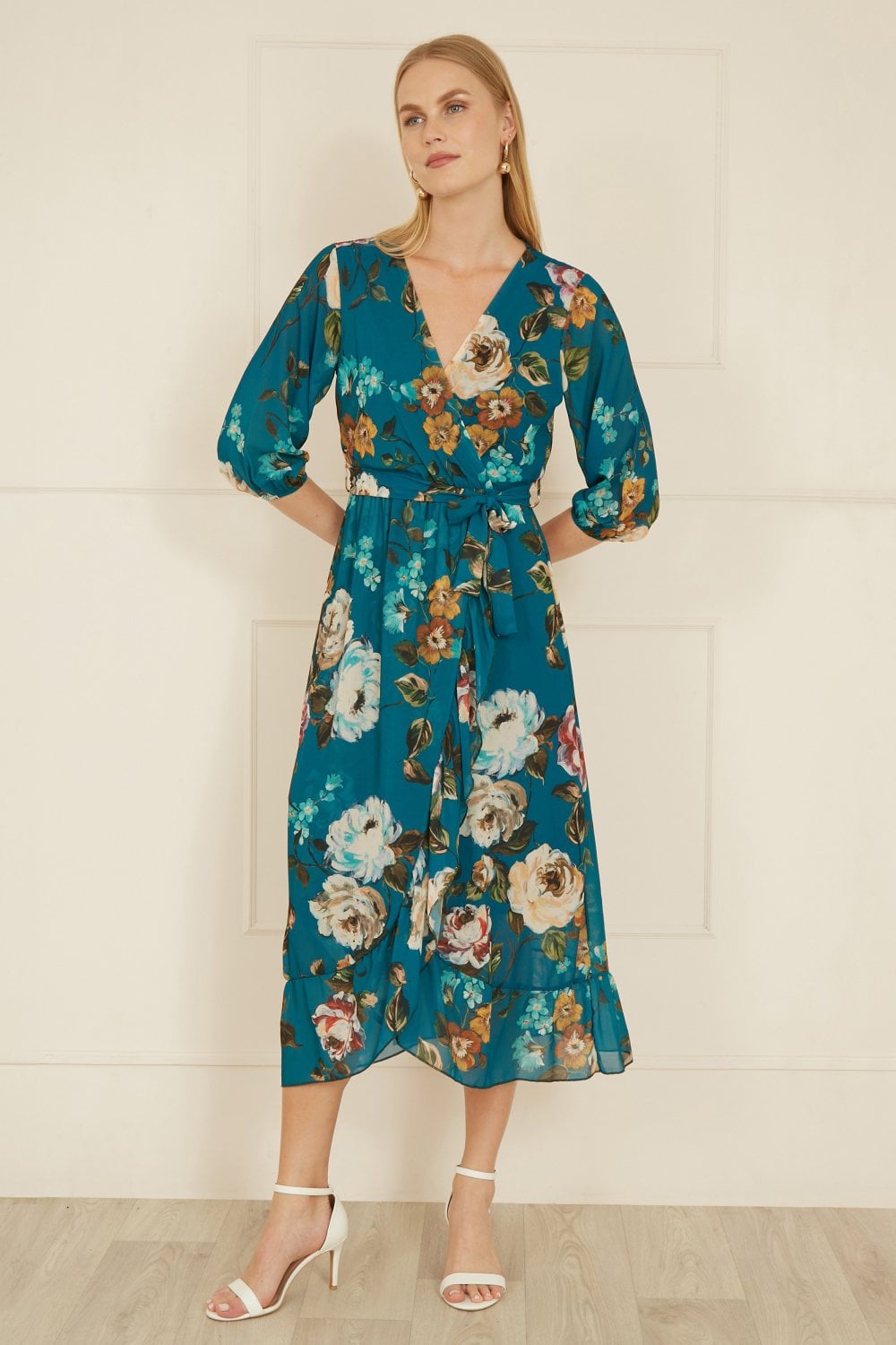 Yumi Teal Watercolour Dip Hem Midi Wrap Dress – The Occasion Dress That Does Everything