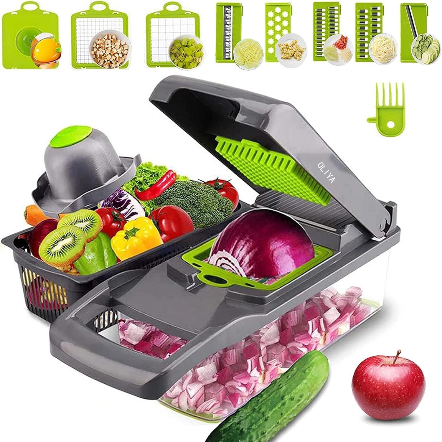 OLIYA 12-in-1 Vegetable Chopper and Onion Slicer with 6 Steel Blades