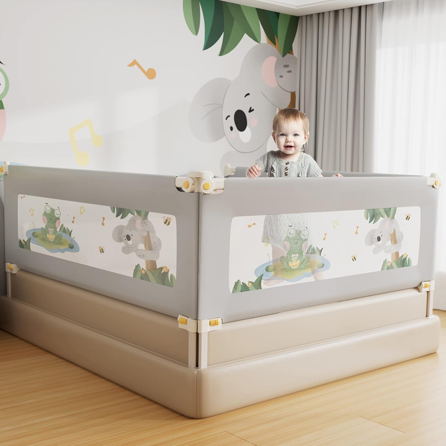 EAQ Toddler Bed Guard 150cm | No-Install Adjustable Gray Frog Rail