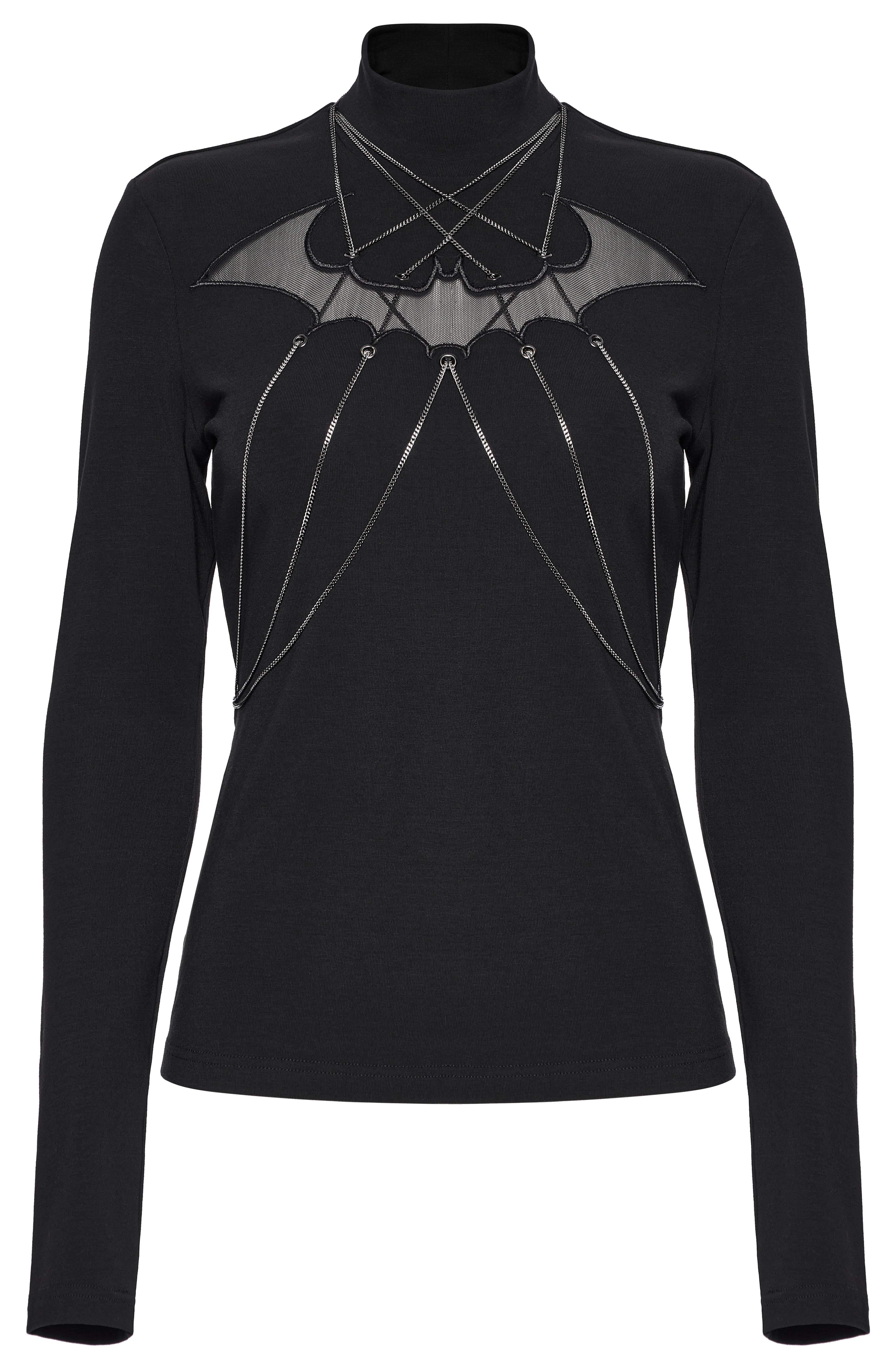 Punk Rave Morrigan Bat Chain Goth Top – Black Mesh Knit Blouse