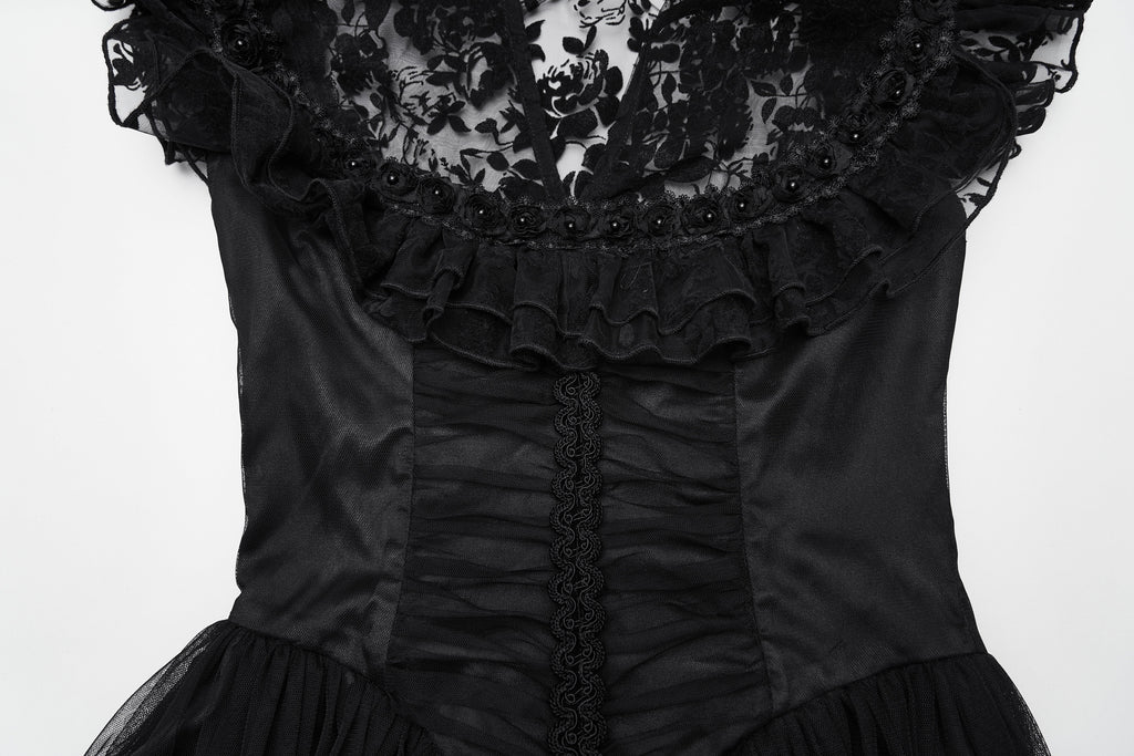 Punk Rave Seraphina Goth Dress – Velvet Floral Mesh Flying Sleeve