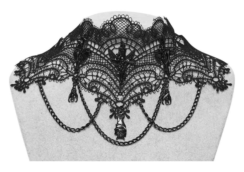 Punk Rave Goth Bat Necklace – Black Lace Victorian Choker with Chains