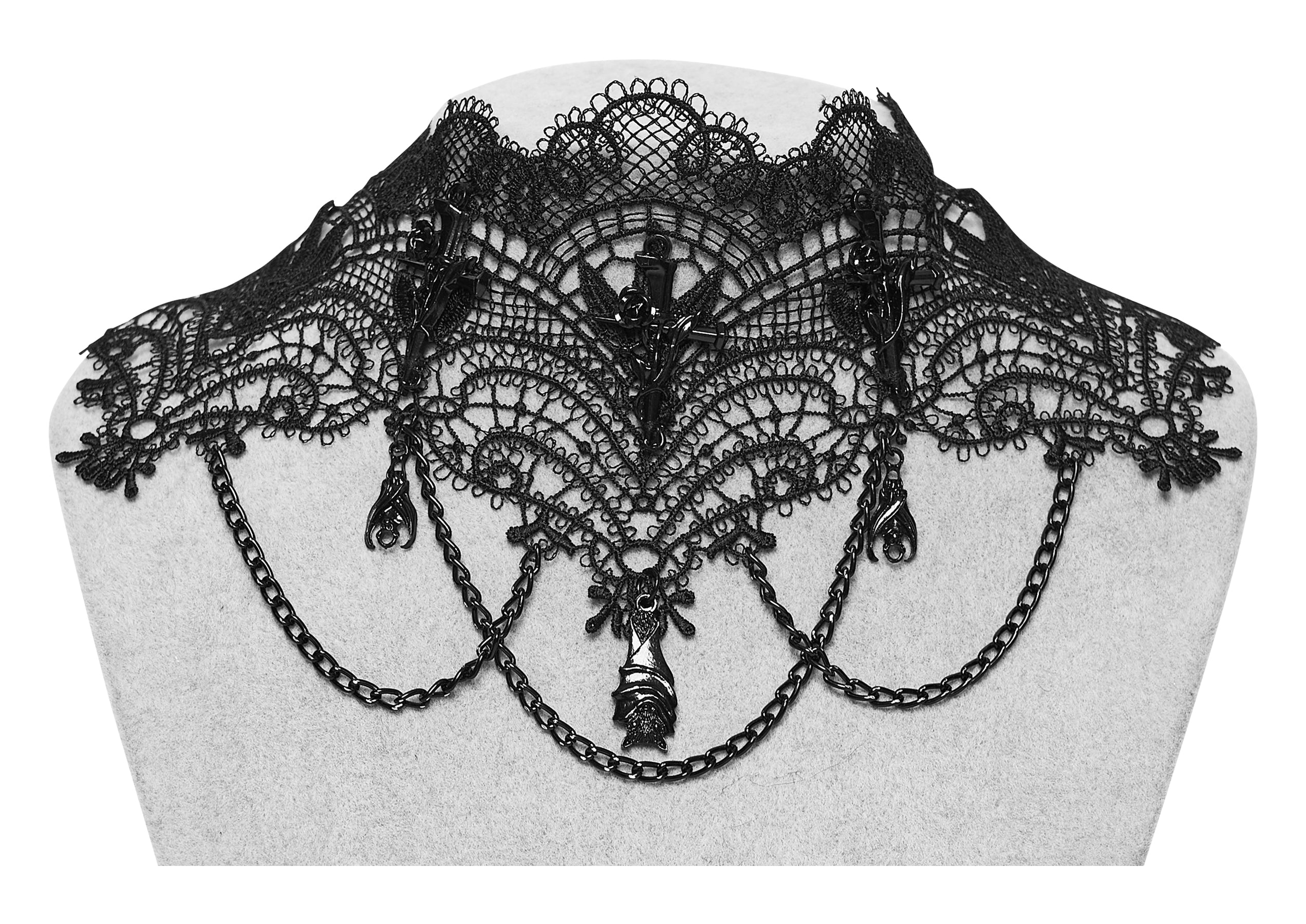 Punk Rave Goth Bat Necklace – Black Lace Victorian Choker with Chains
