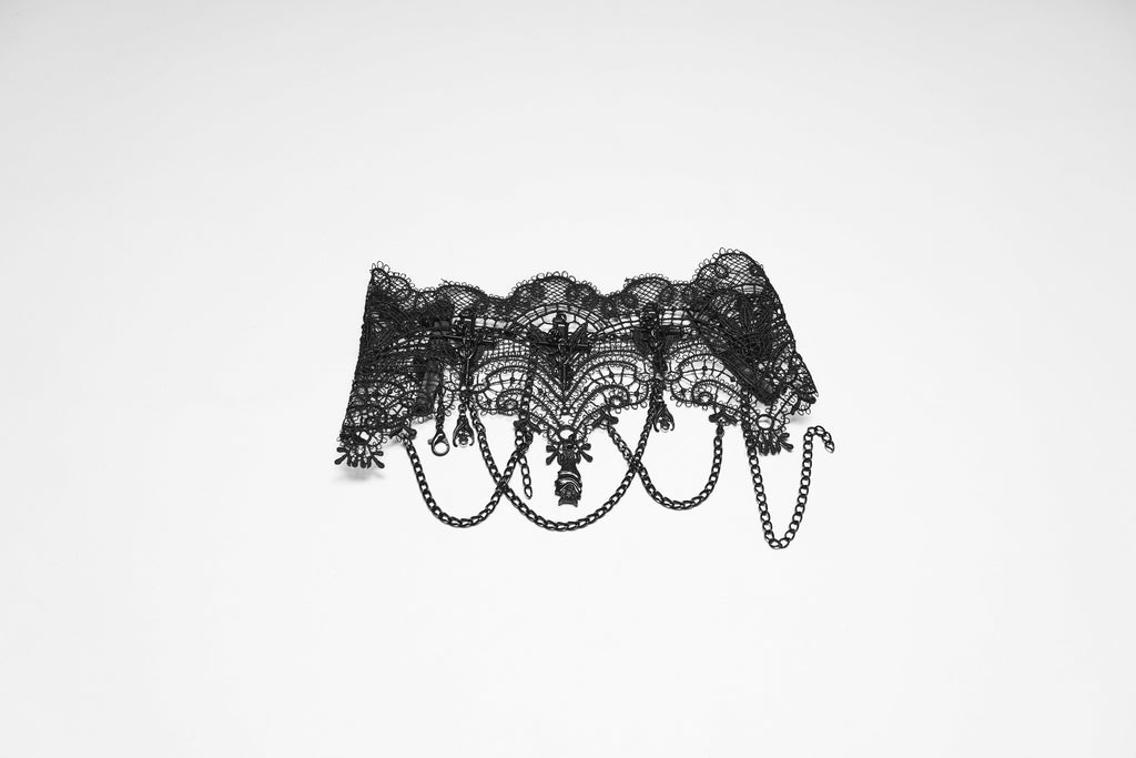 Punk Rave Goth Bat Necklace – Black Lace Victorian Choker with Chains