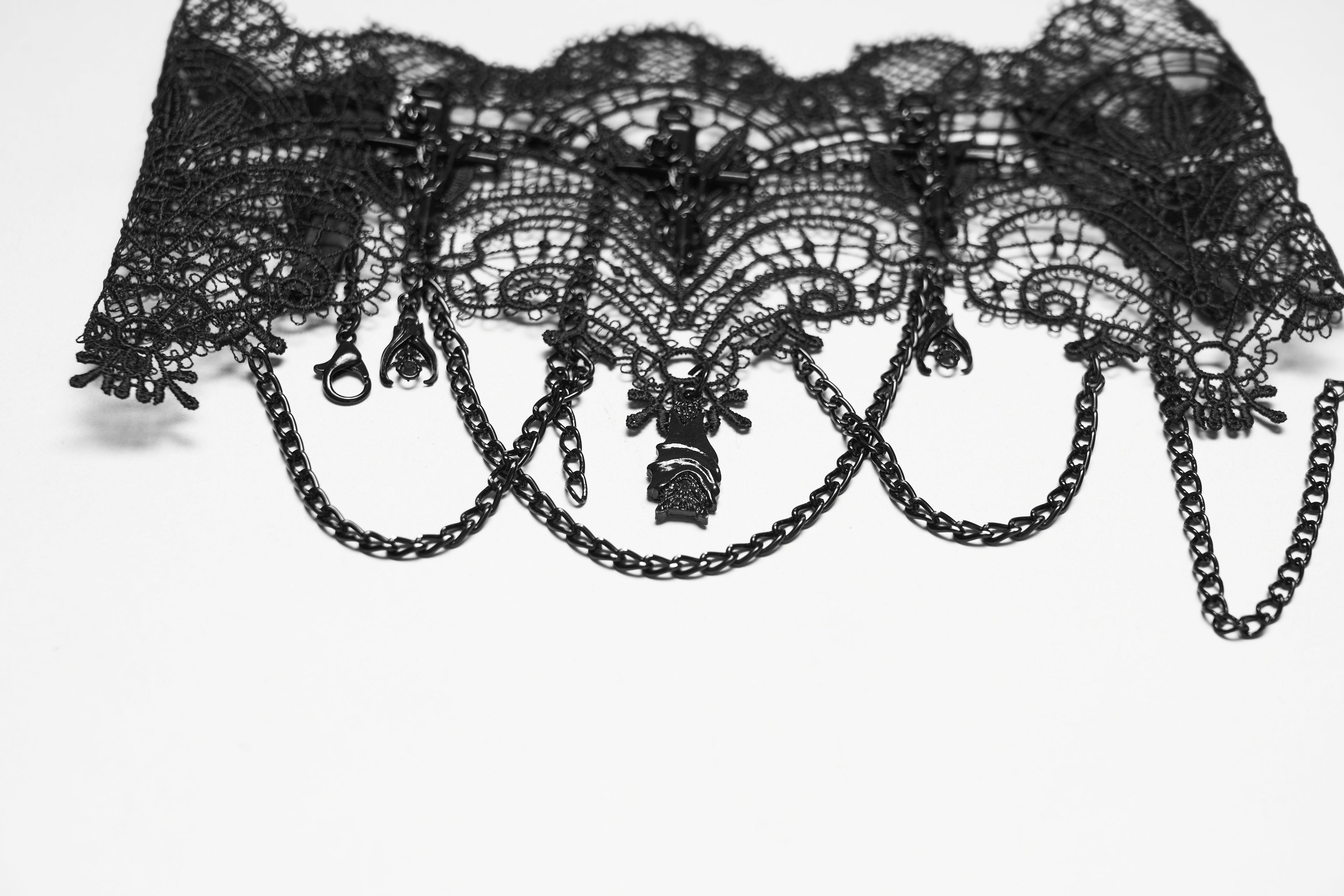 Punk Rave Goth Bat Necklace – Black Lace Victorian Choker with Chains