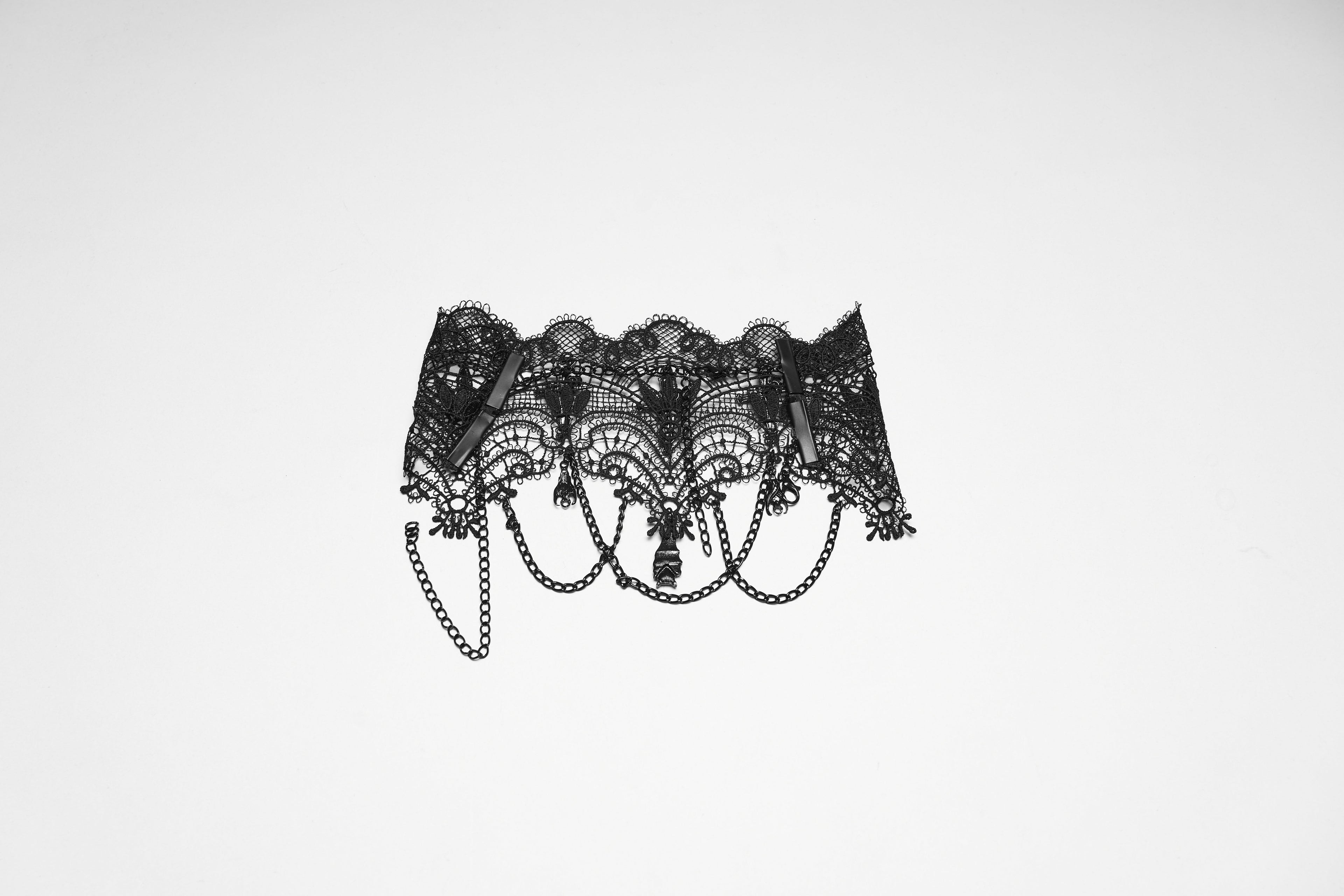 Punk Rave Goth Bat Necklace – Black Lace Victorian Choker with Chains