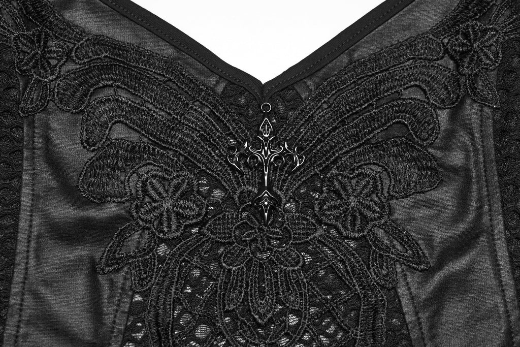 Punk Rave Goth Camisole Top – Lace and Mesh Embroidered Halter
