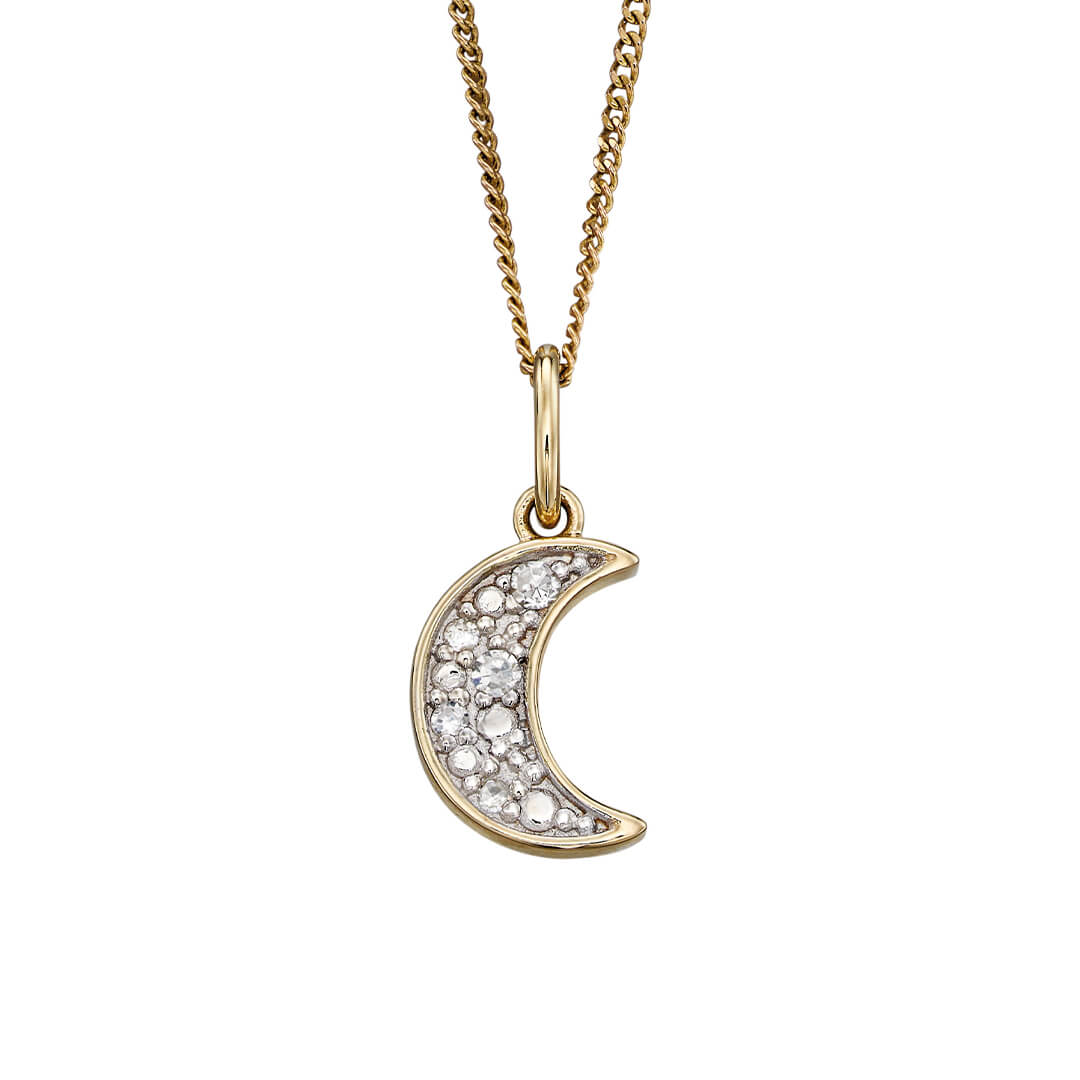 Gecko Jewellery 9ct Gold Moon Pendant with Sparkling Diamonds