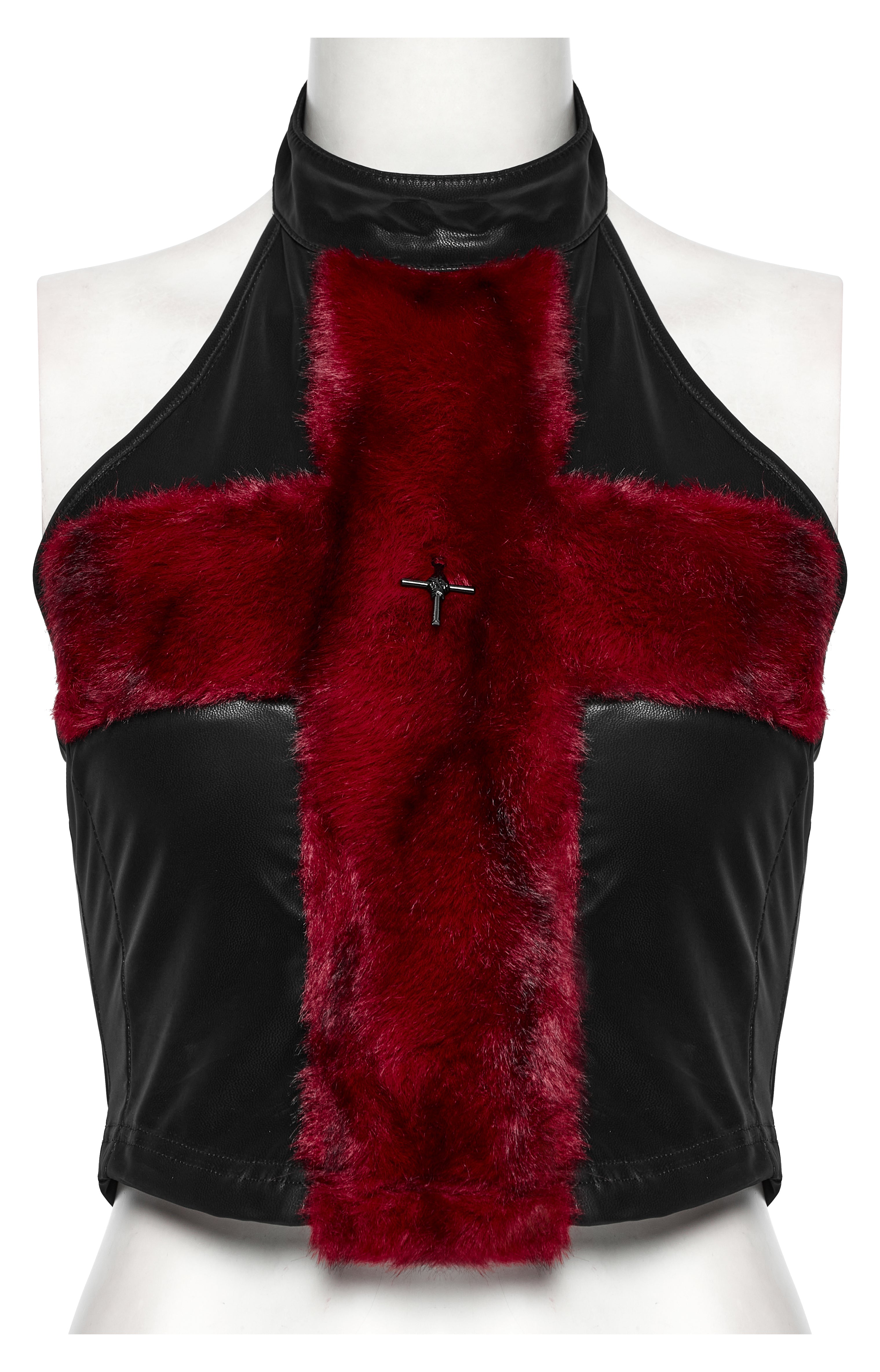 Punk Rave Valora Crimson Cross Faux Fur Halter Top - Gothic Style