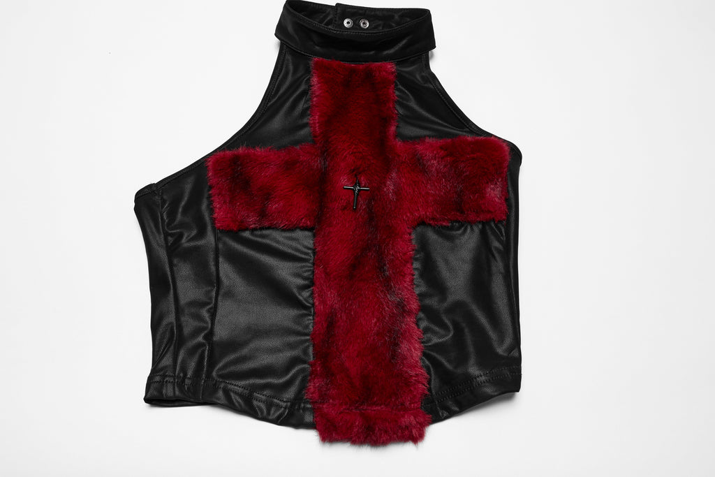 Punk Rave Valora Crimson Cross Faux Fur Halter Top - Gothic Style