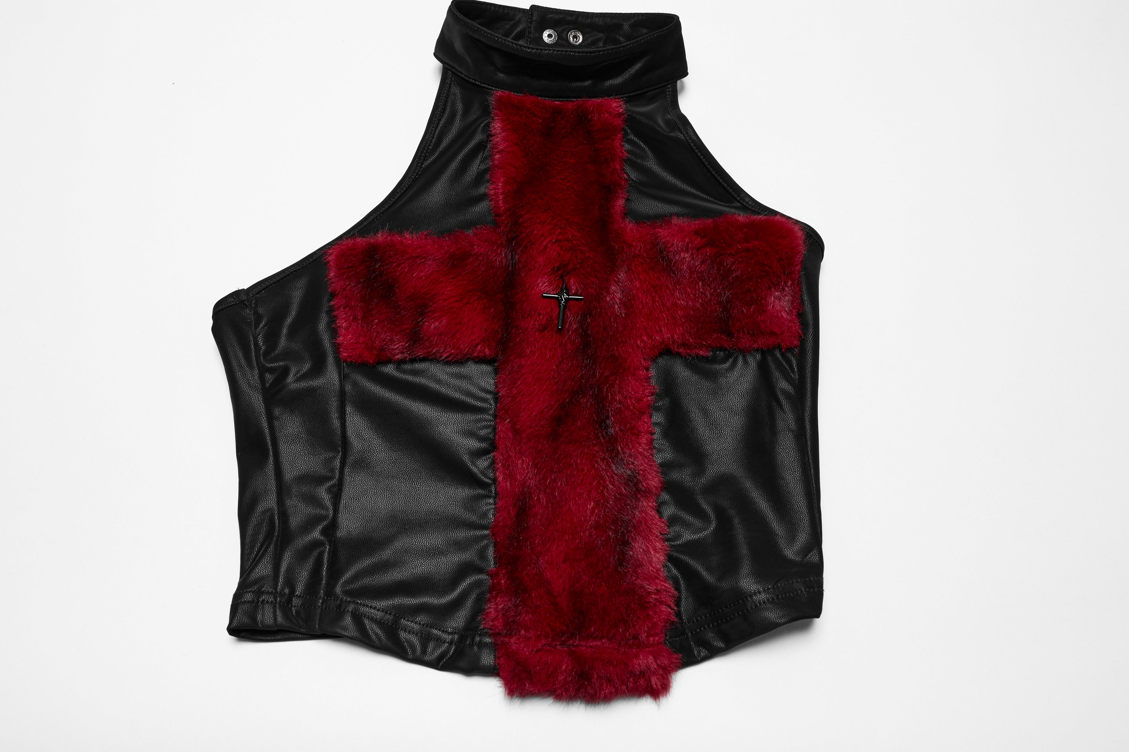 Punk Rave Valora Crimson Cross Faux Fur Halter Top - Gothic Style