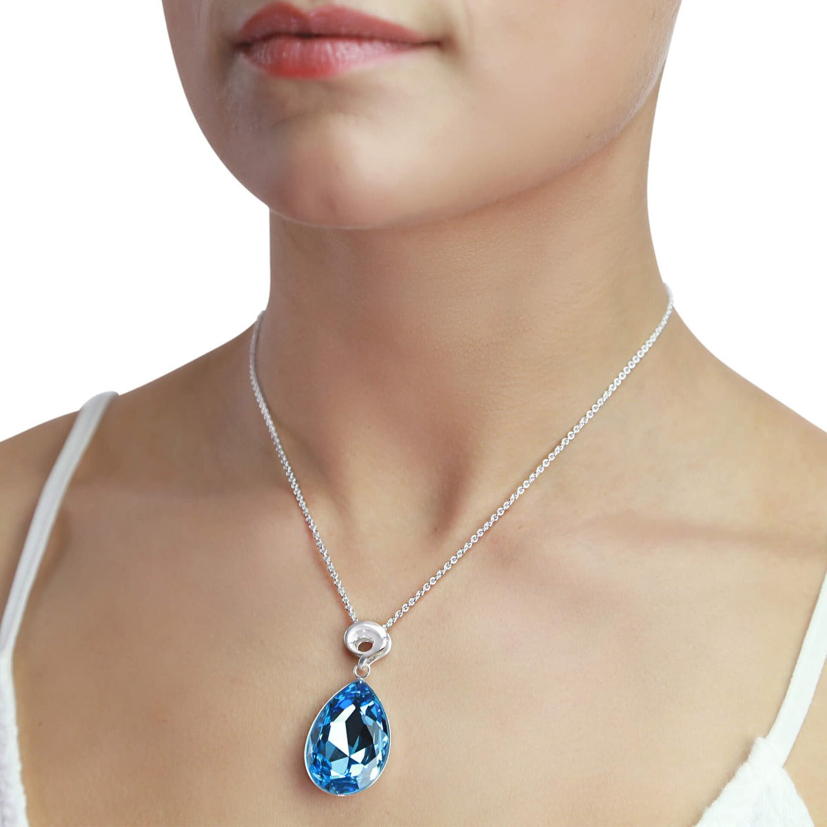 Gecko Jewellery Aquamarine Crystal Teardrop Pendant in Sterling Silver