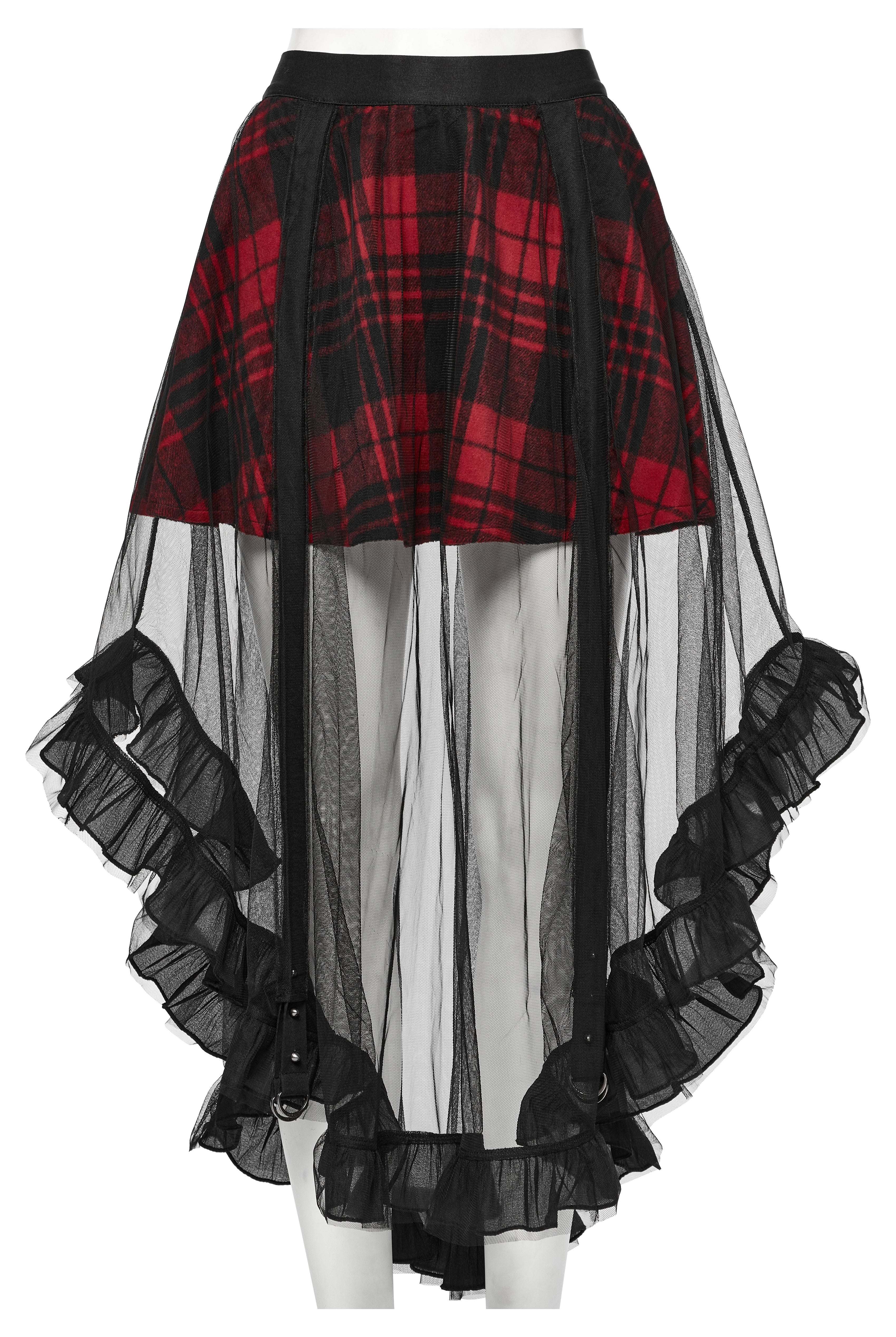 Punk Rave Morrigan Red Plaid Mesh High-Low Skirt with Studded Straps