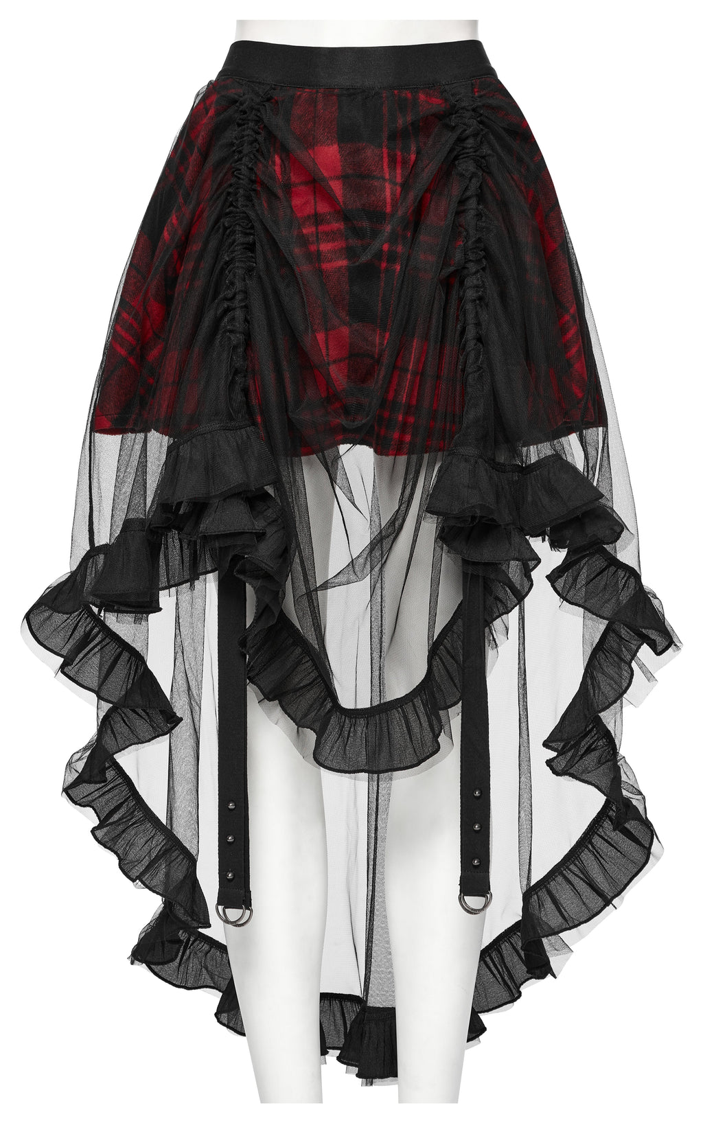 Punk Rave Morrigan Red Plaid Mesh High-Low Skirt with Studded Straps