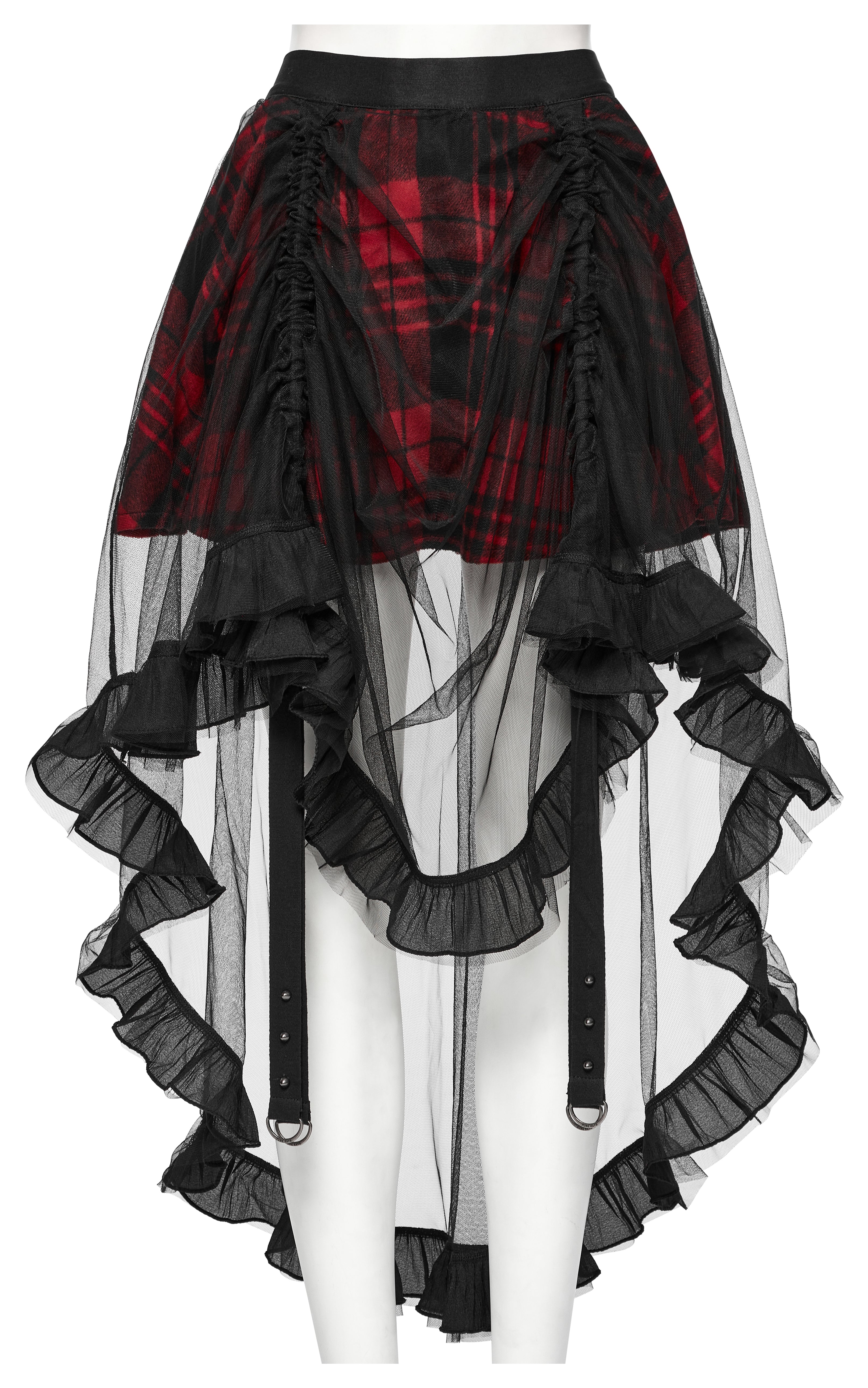 Punk Rave Morrigan Red Plaid Mesh High-Low Skirt with Studded Straps