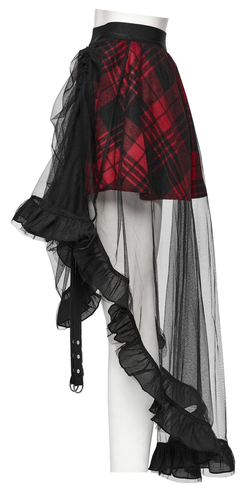 Punk Rave Morrigan Red Plaid Mesh High-Low Skirt with Studded Straps