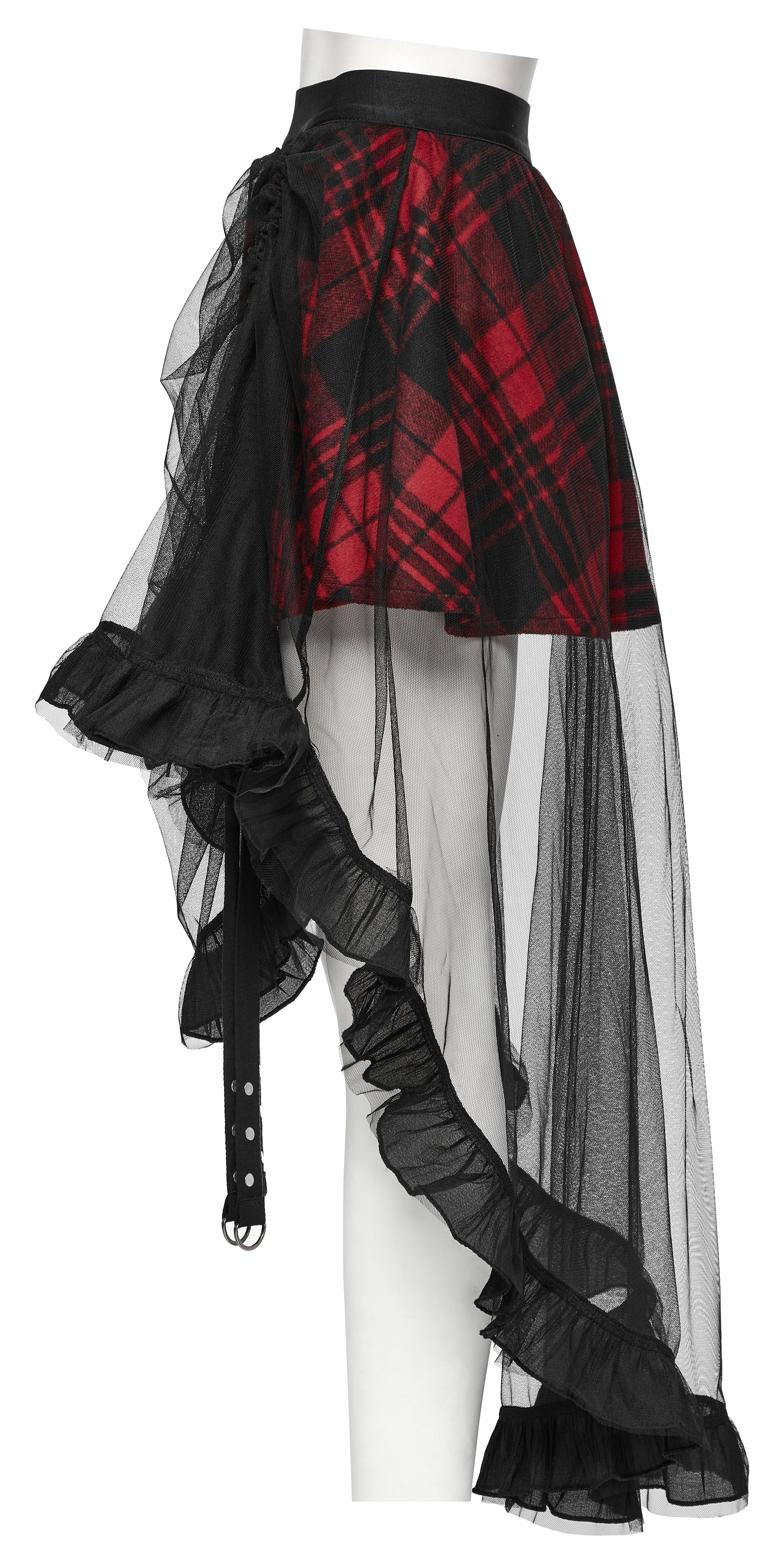 Punk Rave Morrigan Red Plaid Mesh High-Low Skirt with Studded Straps