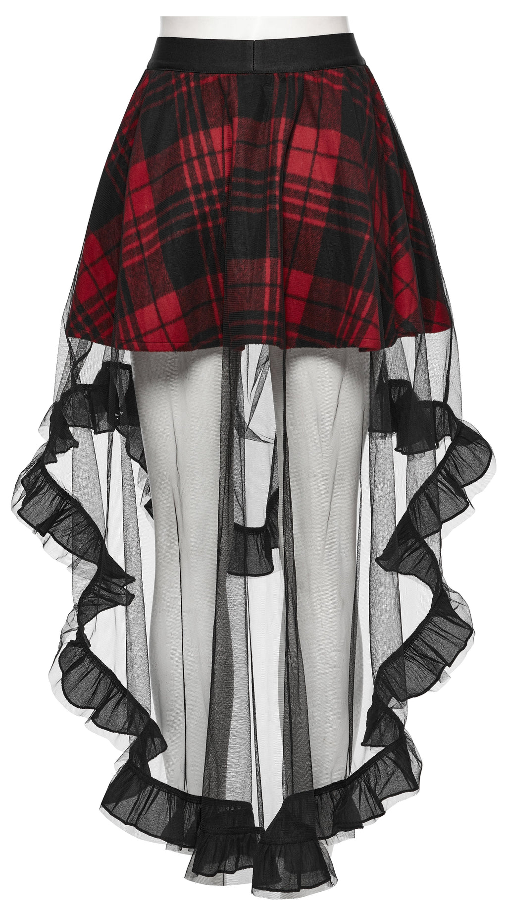Punk Rave Morrigan Red Plaid Mesh High-Low Skirt with Studded Straps