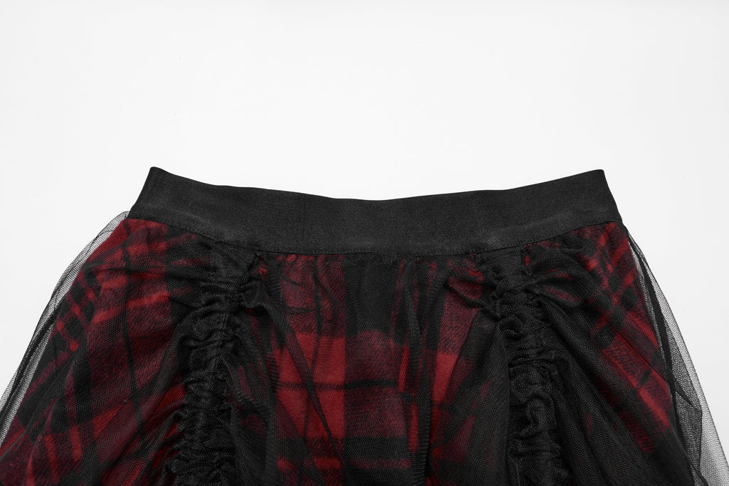 Punk Rave Morrigan Red Plaid Mesh High-Low Skirt with Studded Straps
