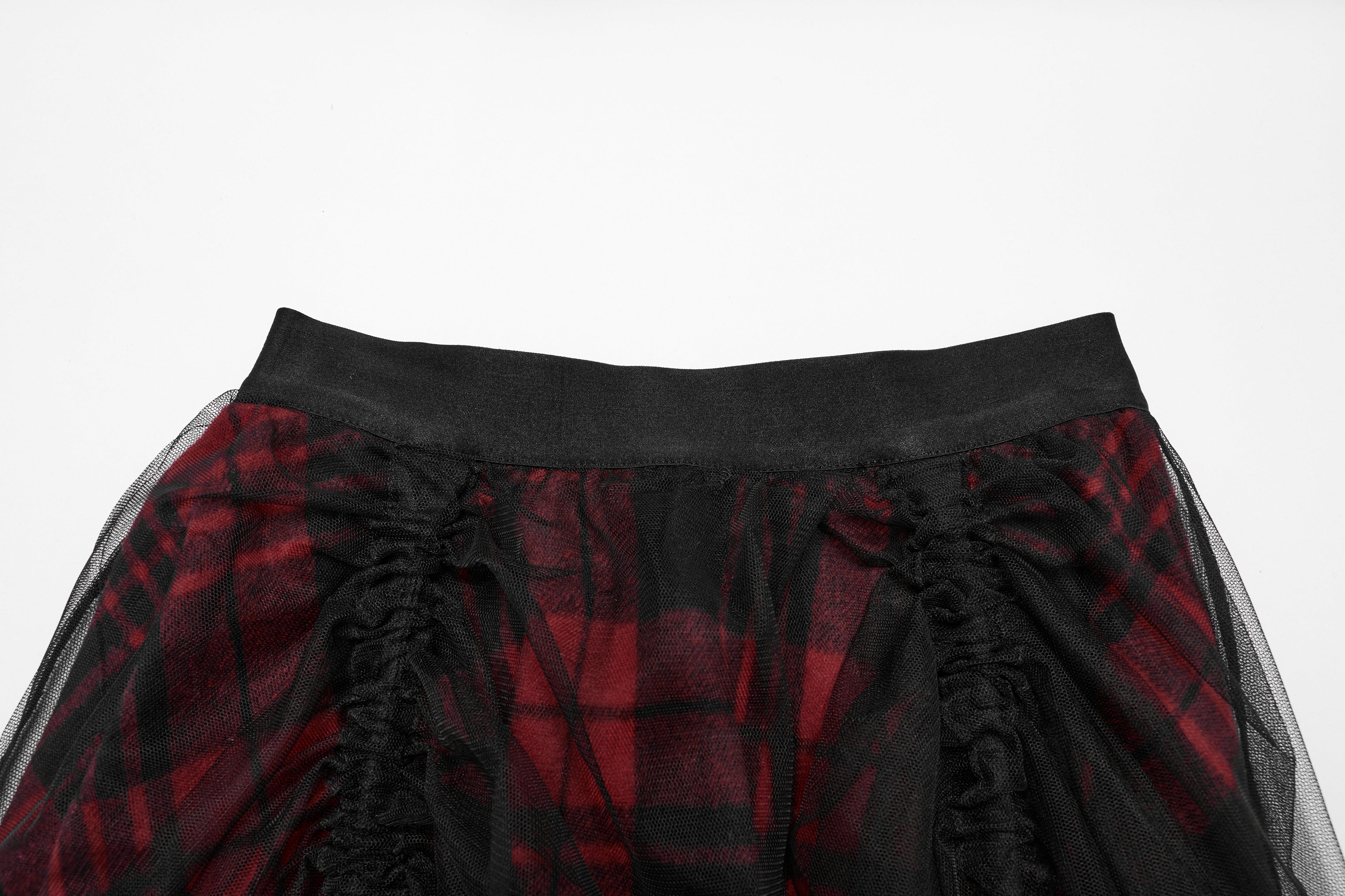 Punk Rave Morrigan Red Plaid Mesh High-Low Skirt with Studded Straps