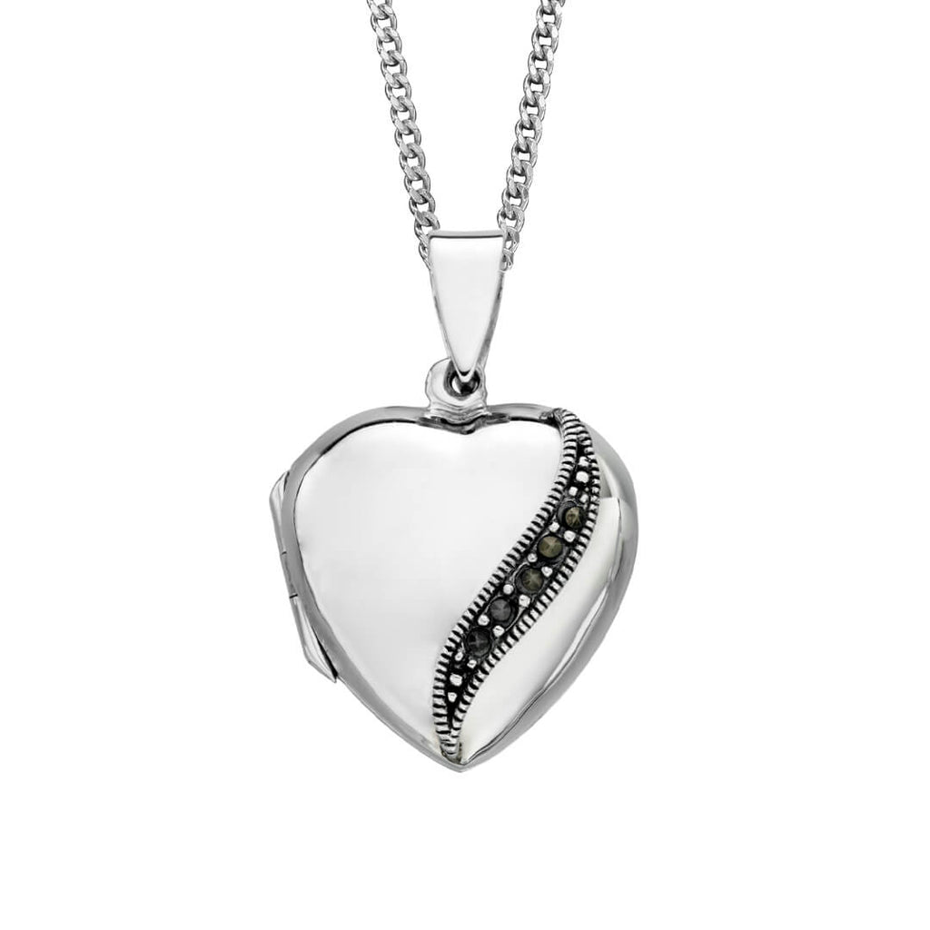 Gecko Jewellery Marcasite Heart Locket Pendant - Engravable Silver