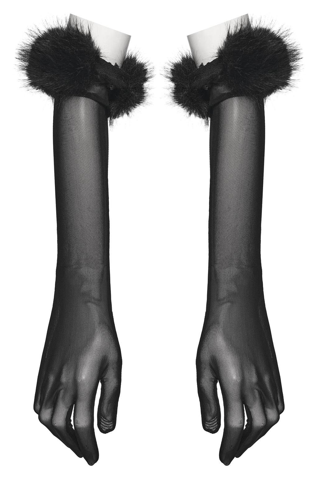 Punk Rave Fluffy Goth Gloves – Opera Length Mesh with Faux Fur Claws