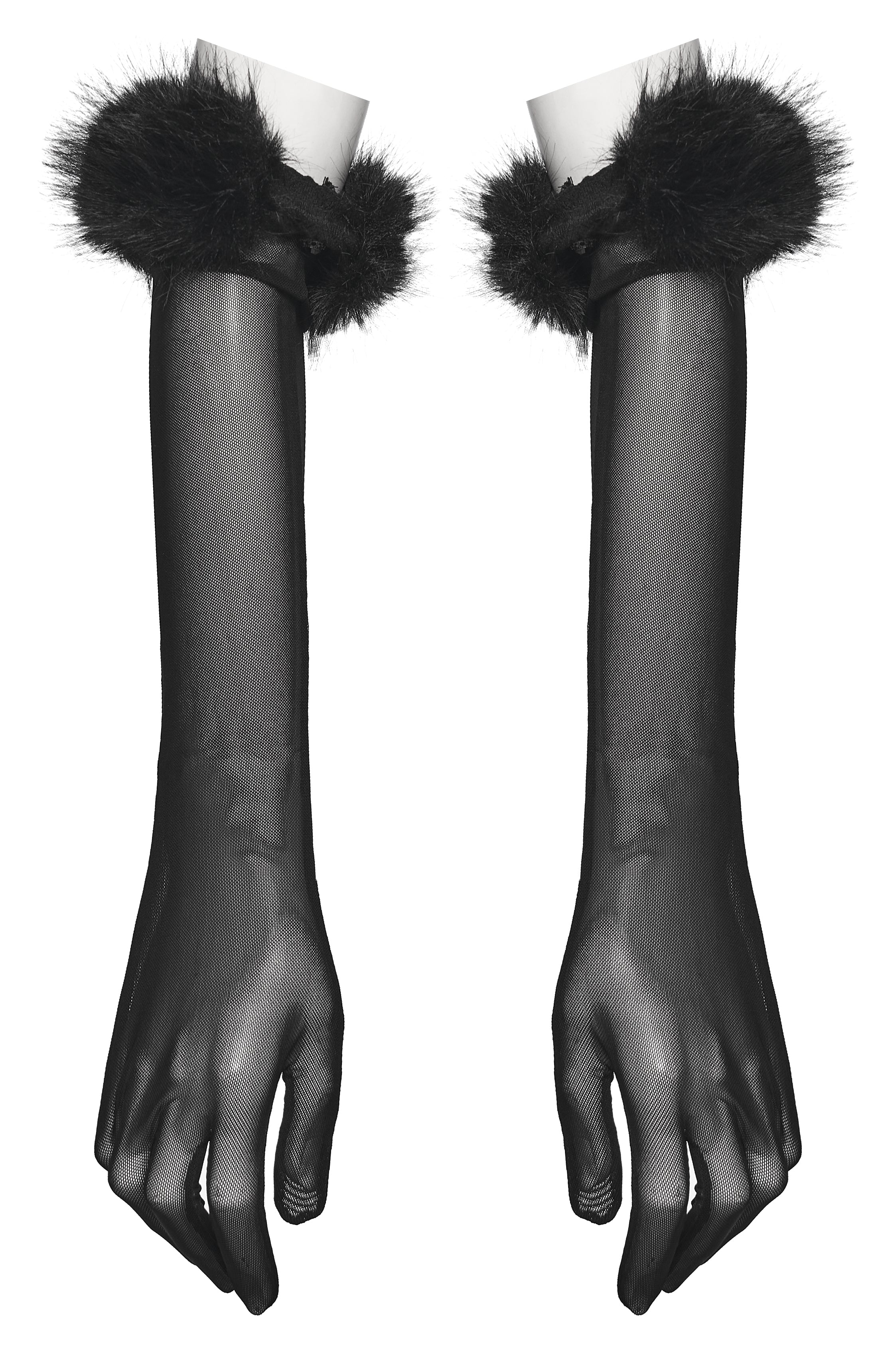 Punk Rave Fluffy Goth Gloves – Opera Length Mesh with Faux Fur Claws