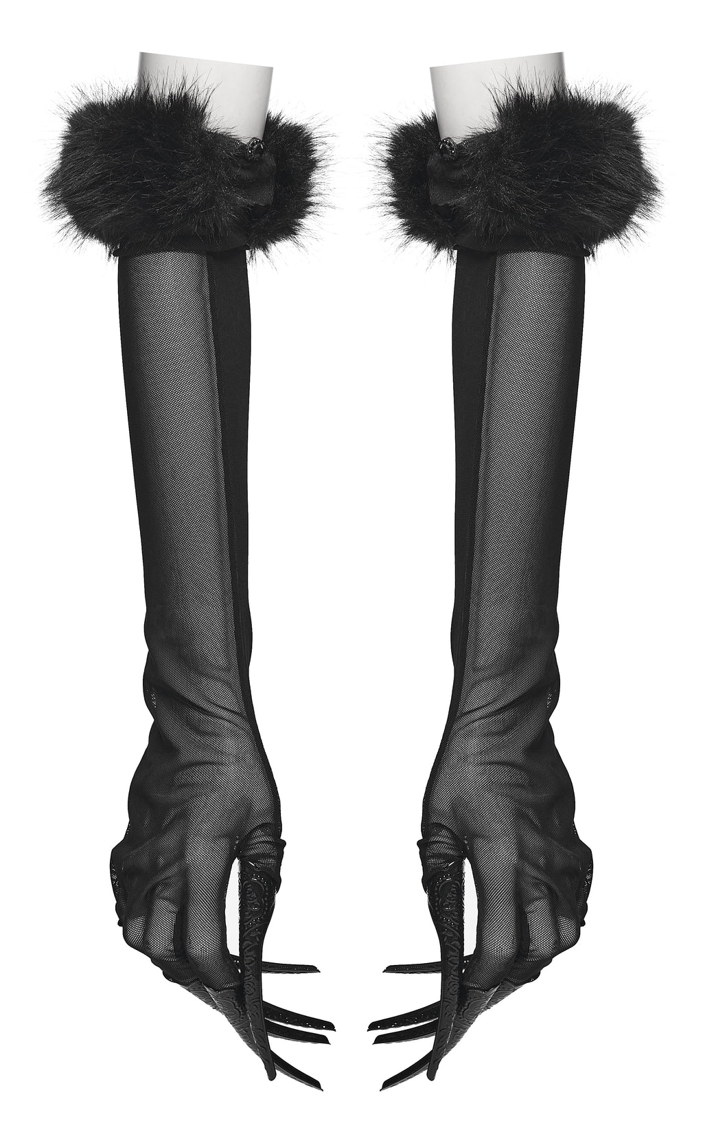 Punk Rave Fluffy Goth Gloves – Opera Length Mesh with Faux Fur Claws