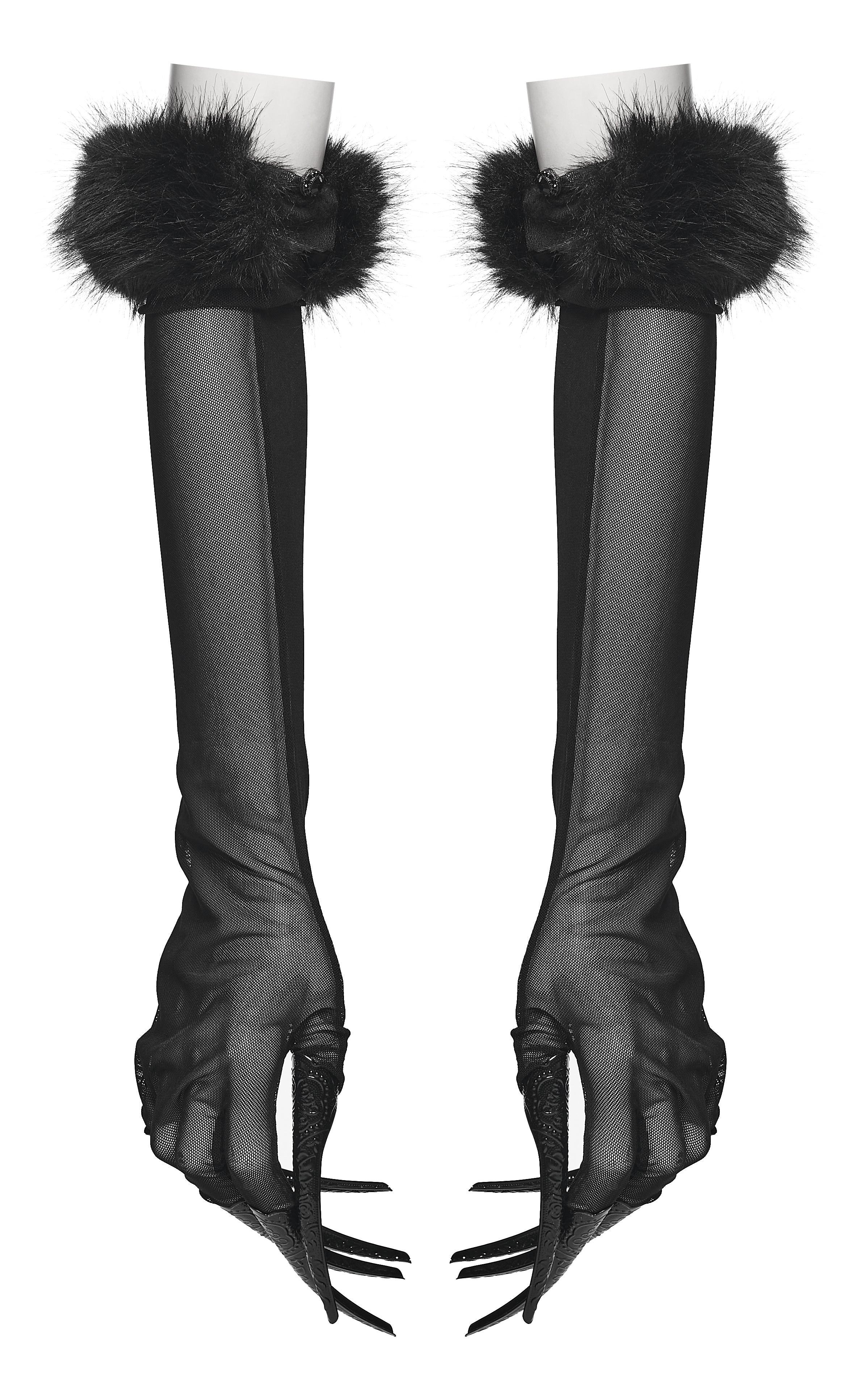 Punk Rave Fluffy Goth Gloves – Opera Length Mesh with Faux Fur Claws