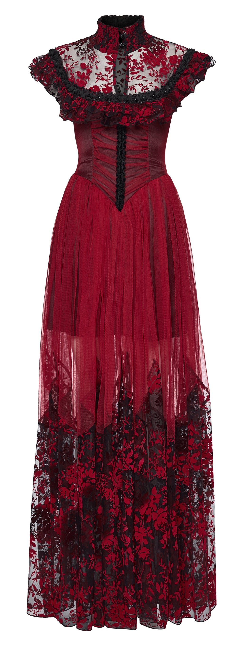 Punk Rave Gothic Flying Sleeve Dress | Red & Black Floral Mesh Gown