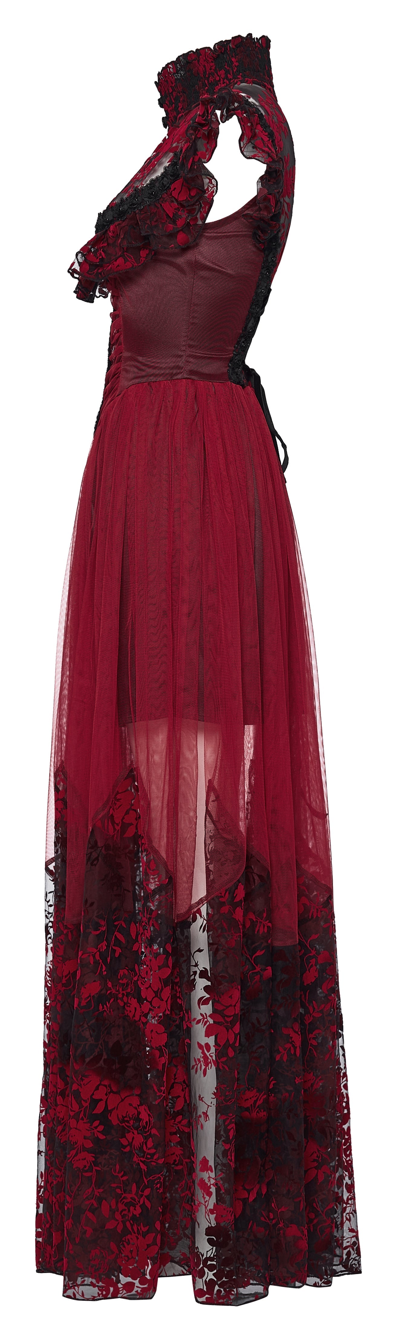 Punk Rave Gothic Flying Sleeve Dress | Red & Black Floral Mesh Gown