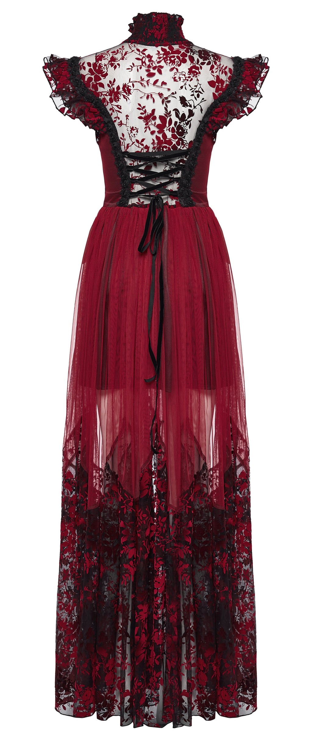 Punk Rave Gothic Flying Sleeve Dress | Red & Black Floral Mesh Gown