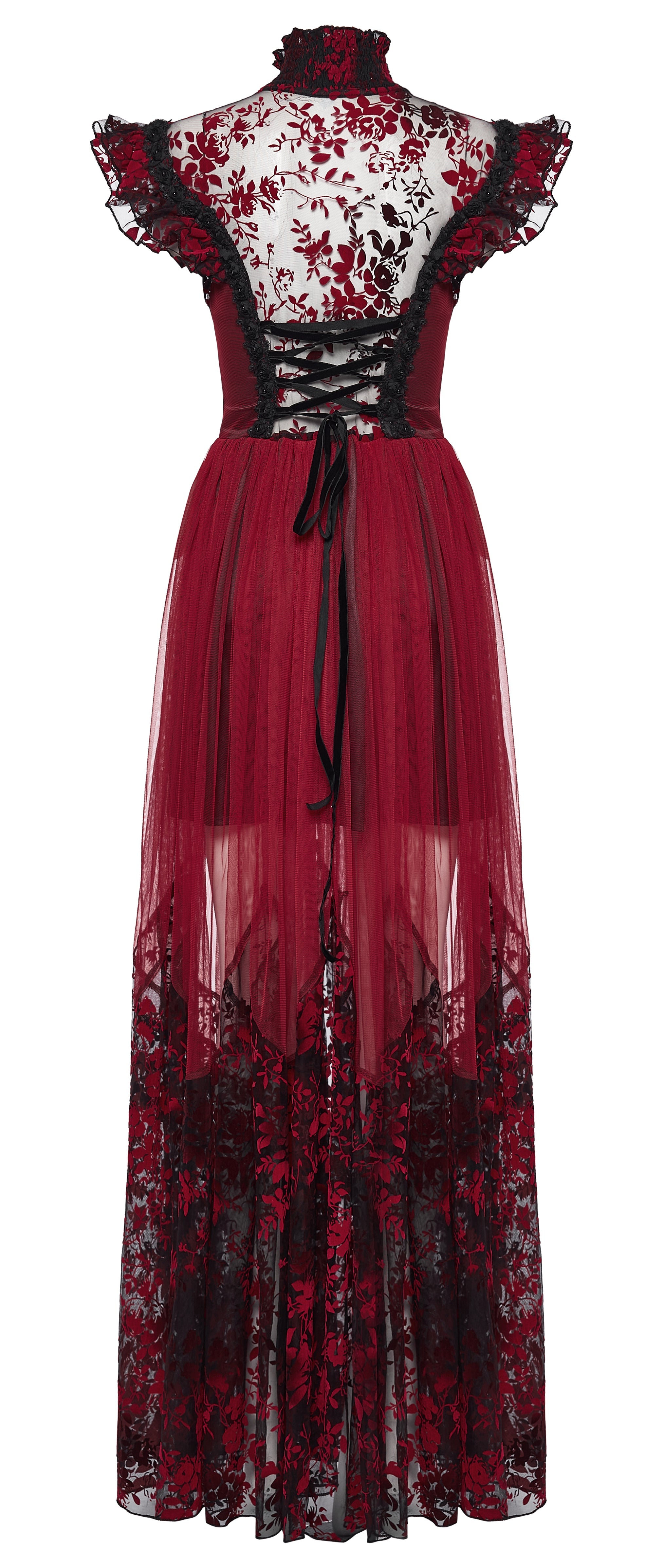 Punk Rave Gothic Flying Sleeve Dress | Red & Black Floral Mesh Gown