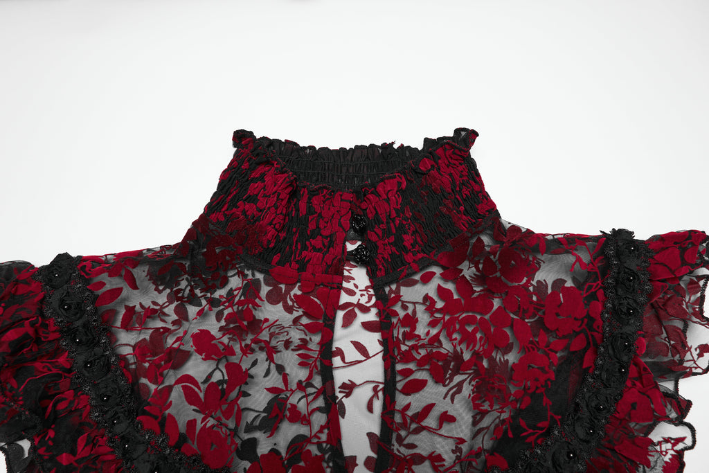 Punk Rave Gothic Flying Sleeve Dress | Red & Black Floral Mesh Gown