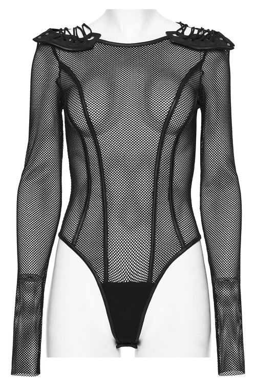 Punk Rave Cyberpunk Armor Mesh Bodysuit – Gothic Long Sleeve Top