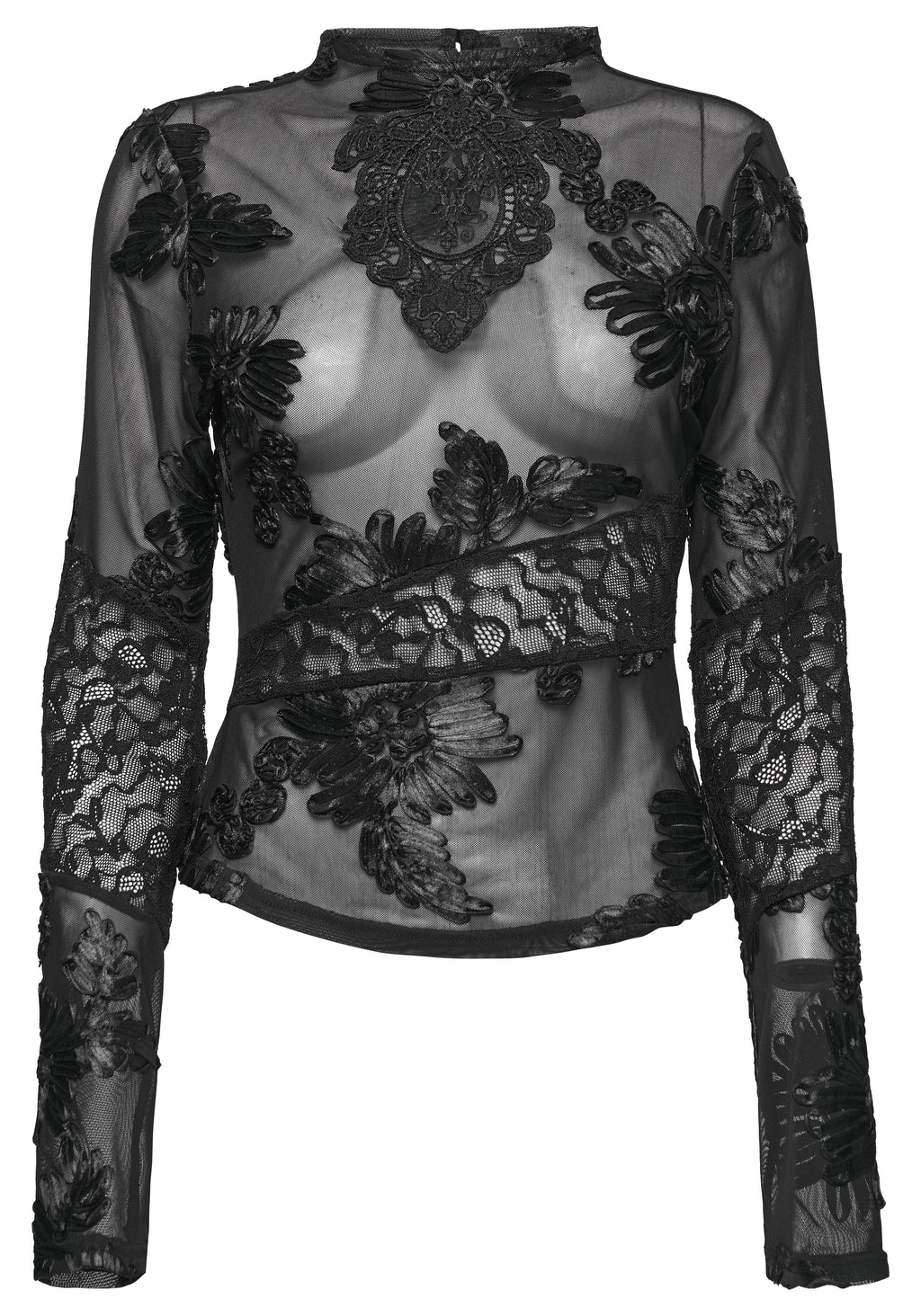 Kate's Clothing Goth Lace Undershirt – Black Sheer Mesh Floral Top