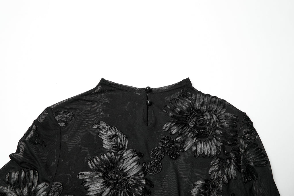 Kate's Clothing Goth Lace Undershirt – Black Sheer Mesh Floral Top