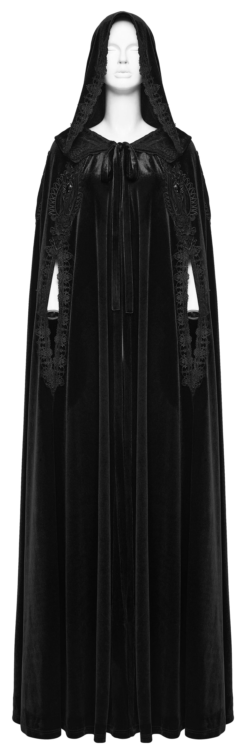 Punk Rave Goth Velvet Cloak – Black Hooded Full-Length Embroidered Cape