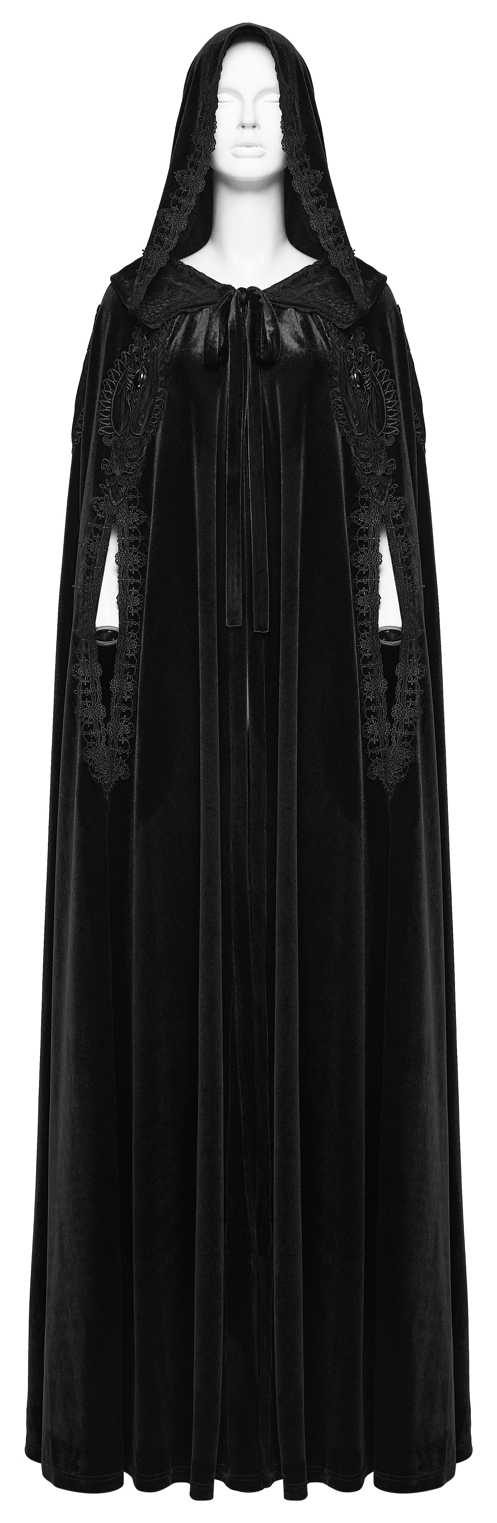 Punk Rave Goth Velvet Cloak – Black Hooded Full-Length Embroidered Cape