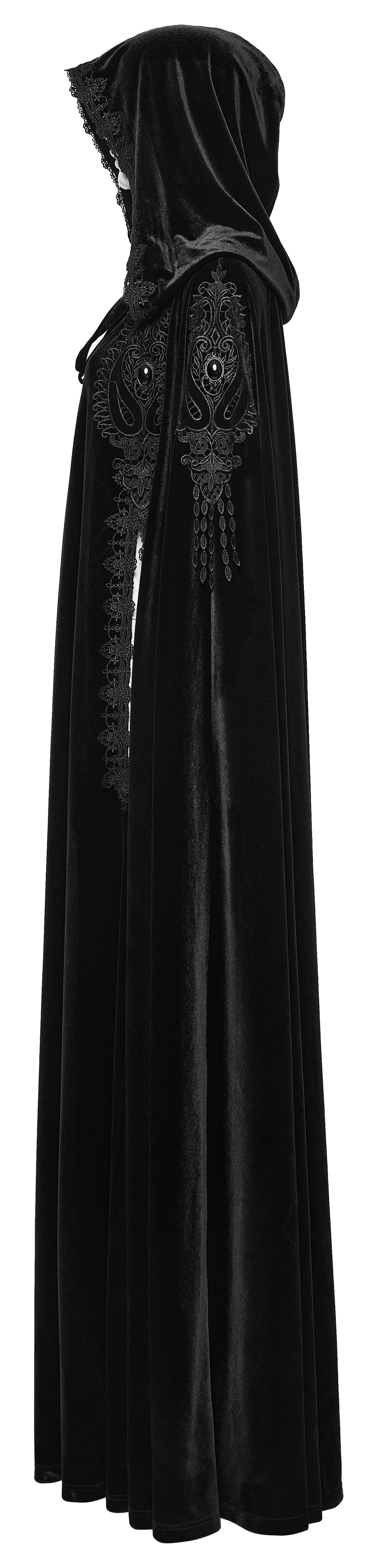 Punk Rave Goth Velvet Cloak – Black Hooded Full-Length Embroidered Cape